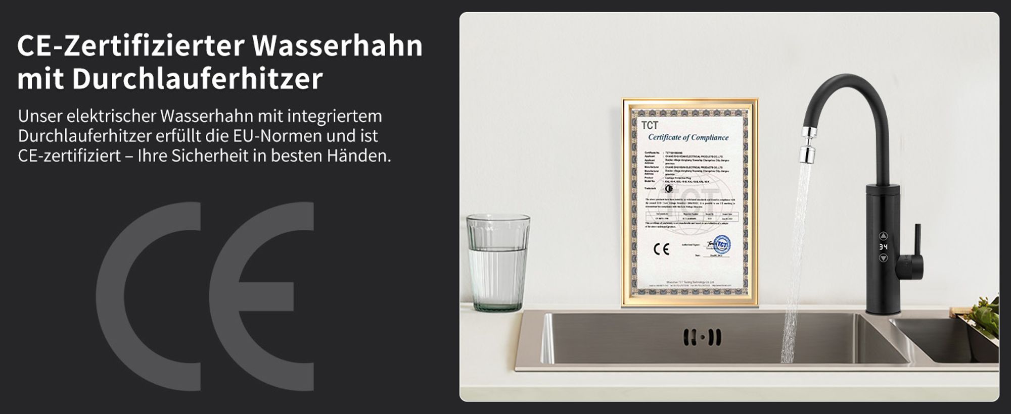 Elektrische Küchenarmatur mit Durchlauferhitzer,  Schwarz Wasserhahn Küche mit LED Temperaturanzeige，Smart Heater Wasserhahn 360° drehbar