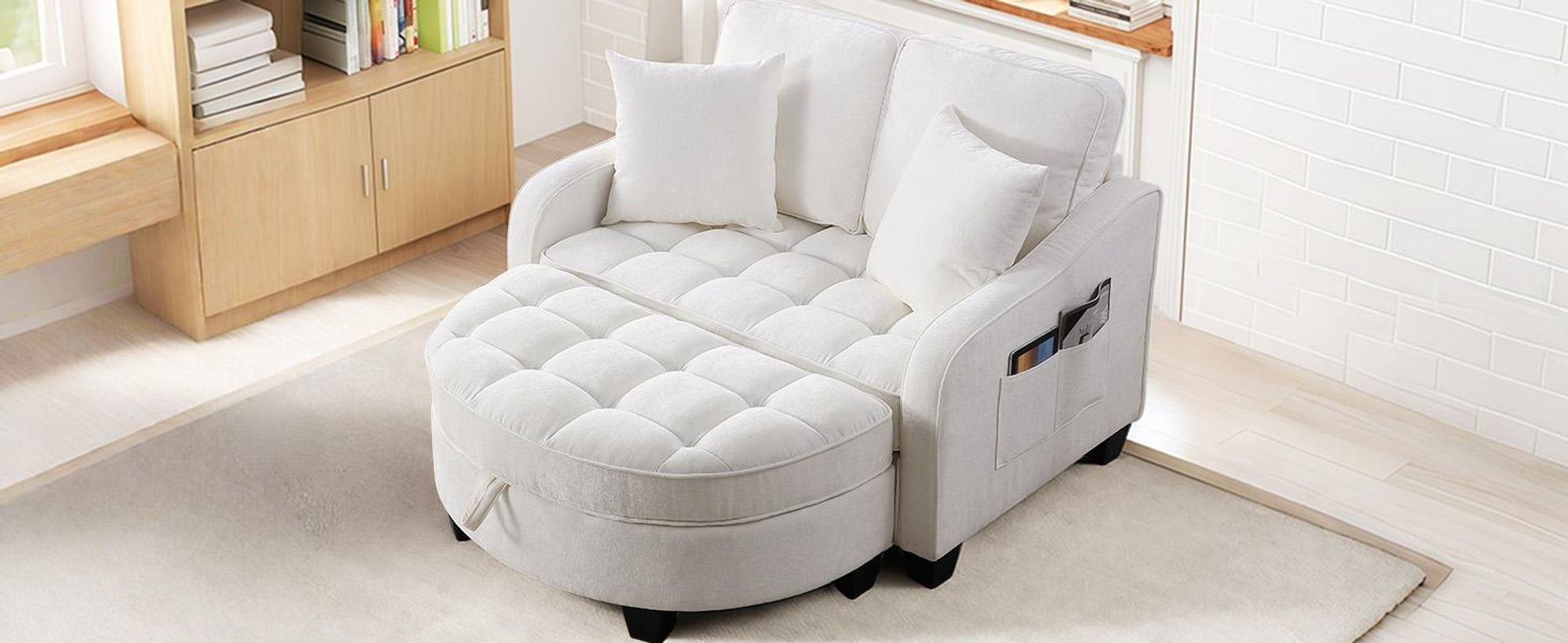 MODFU Multifunktionales Sofa Schlafsofa mit Aufbewahrungs-Hocker,Relaxsofa mit rutschfeste Kunststoffbeine,Beige