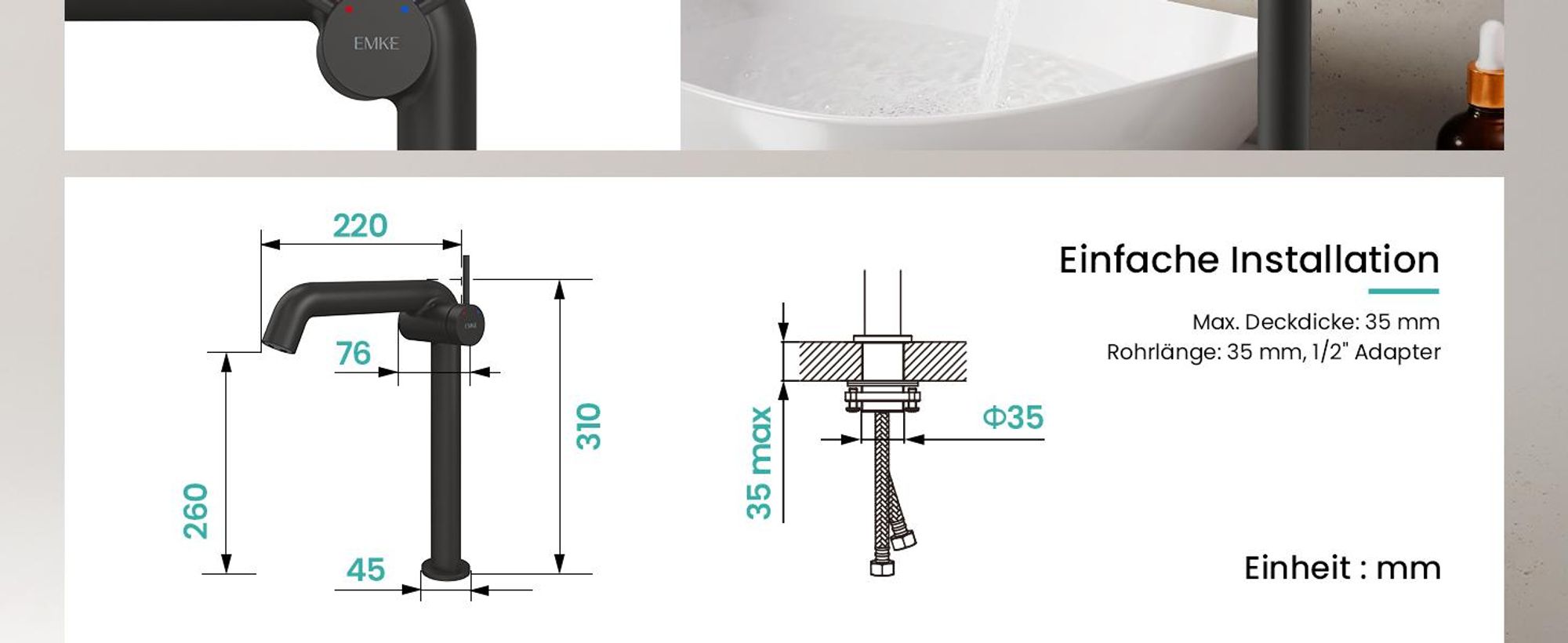 EMKE Einhebel-Waschtischarmatur, Badarmaturen 332x220x76mm , Wassersparend, Korrosionsschutz, Bleifreies Messing, Matt Schwarz
