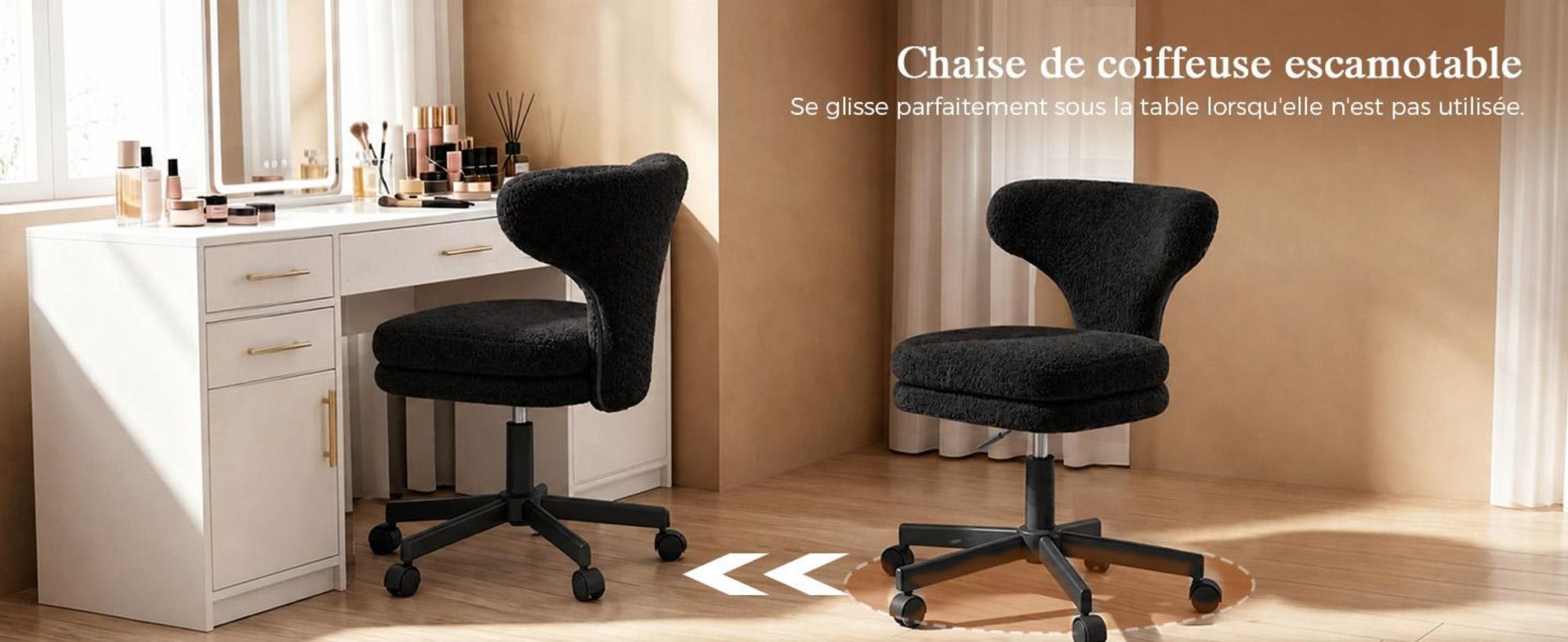 Chaise de maquillage COMHOMA avec roulettes, chaise de maquillage avec dossier enveloppant, fauteuil pivotant à hauteur réglable, jolie chaise de bureau pour chambre, pour la maison