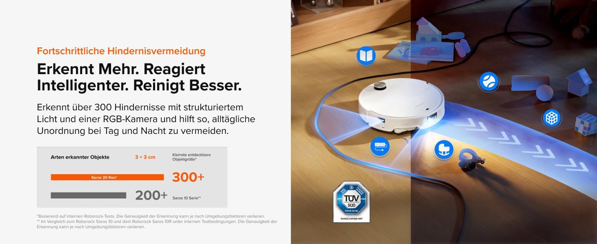 Roborock Saros 20 Neo Set Saugroboter mit Wischfunktion, 36.000 Pa, Dual Zero-Tangle-System, FlexiArm Technologie 100°C Heißwasser-Moppwäsche, Weiß