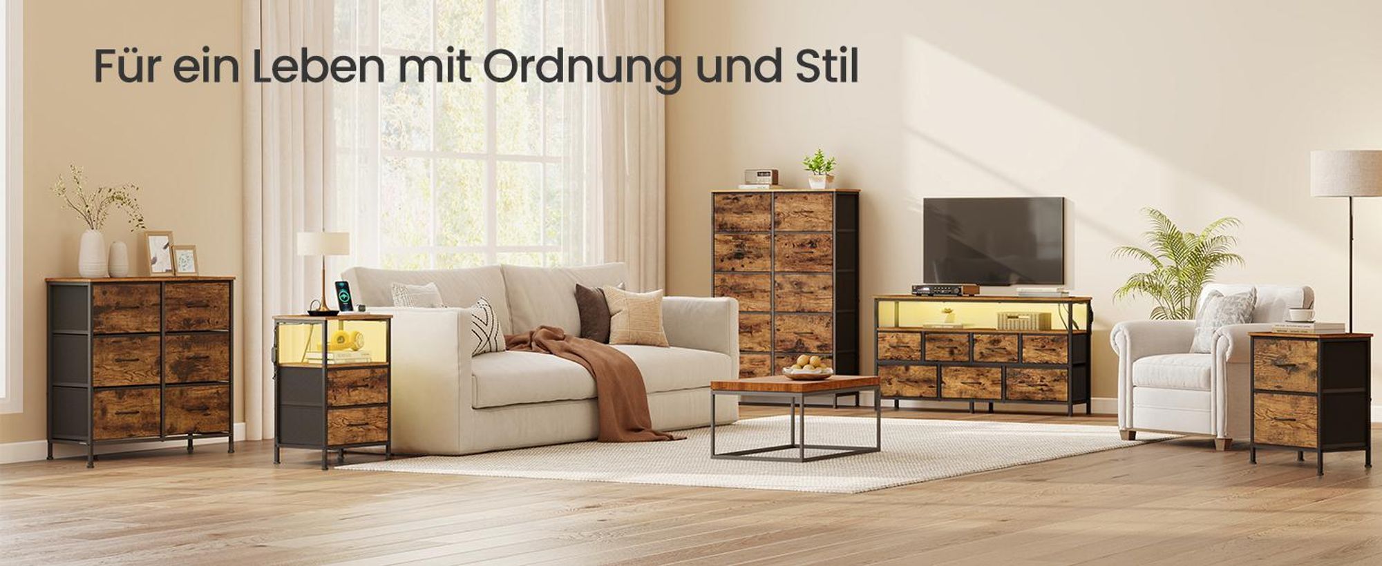 SONGMICS Kommode mit LED-Beleuchtung, Sideboard, Schubladenschrank für Wohnzimmer, mit Ladestation, 7 Schubladen, braun-schwarz