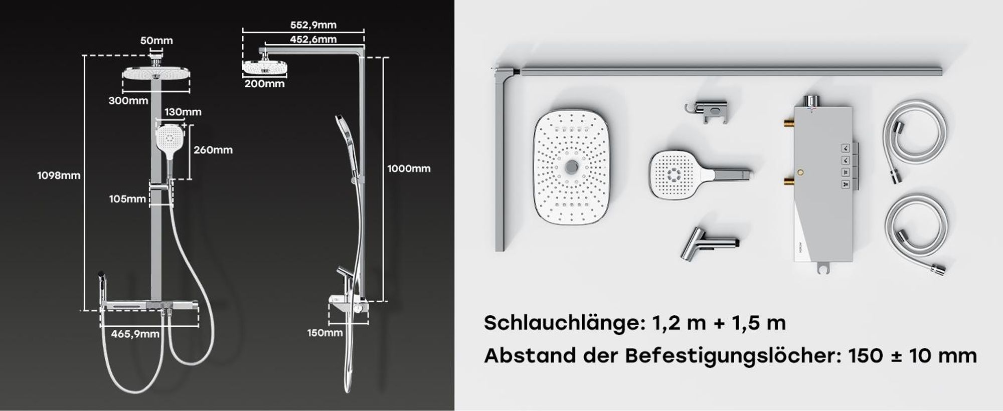 HOROW RainFlexi N2 Duschsystem mit Thermostat, Chrom Regendusche Set mit 2 Handbrause, Wasserfallauslauf, Große Kopfbrause, Höhenverstellbar Duschset