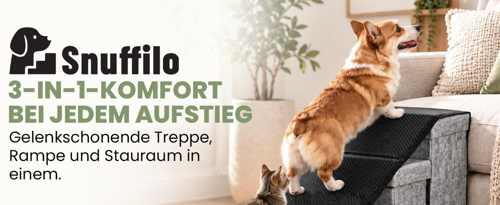 Snuffilo 3-in-1 Hundetreppe, klappbar mit Stauraum & Rampenfunktion – 4 Stufen Hundetreppe für Kleine Hunde & Katzen | Gelenkschonende Hunde Treppen Bett & Sofa - Bis 45+ kg | Grau