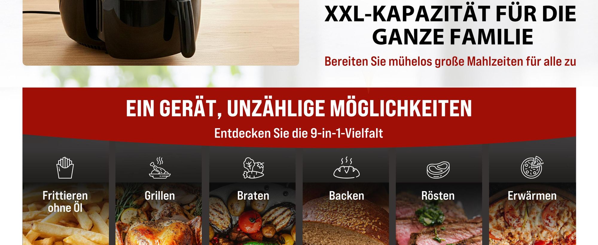MONZANA Heißluftfritteuse 6,5L XXL 9in1 fettarm digitales LED Touch-Display Timer & Temperatur 80–200 °C Rezeptheft Heißluftofen Fritteuse schwarz