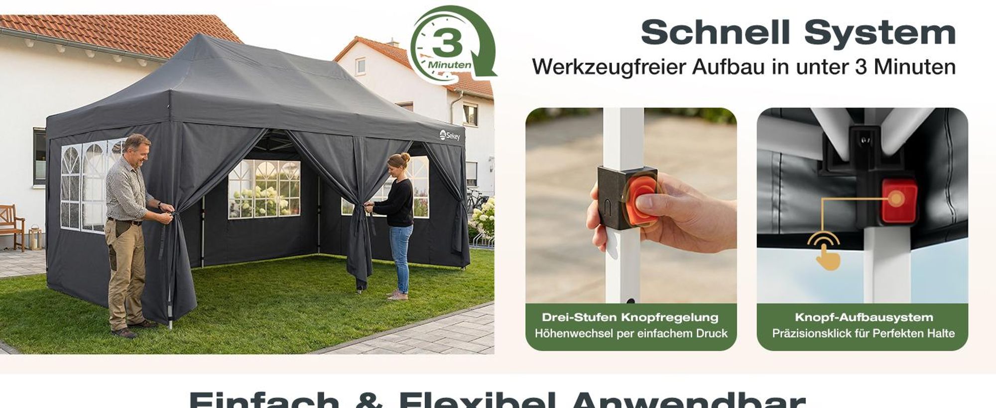 Sekey Faltpavillon 3x6 Wasserdicht mit 6 Seitenwänden, UV50+ Gartenpavillon Partyzelt, Grau