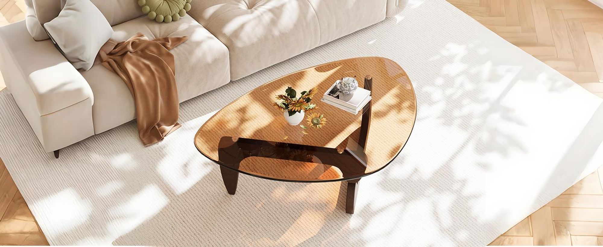 WISFOR Couchtisch, Wohnzimmertisch aus Glas und Holz, 110,5 x 76,5 x 42 cm