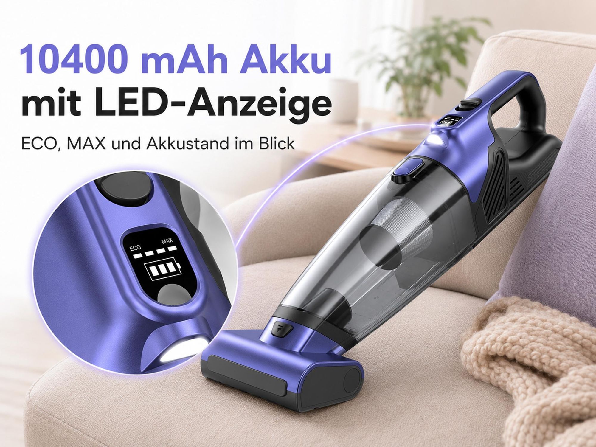 Akku Handstaubsauger 20000Pa, kabelloser Tierhaar-Handsauger mit LED-Licht & 10400mAh Akku, 2 Saugstufen, für Auto, Sofa, Teppich, Treppe, Tierhaare