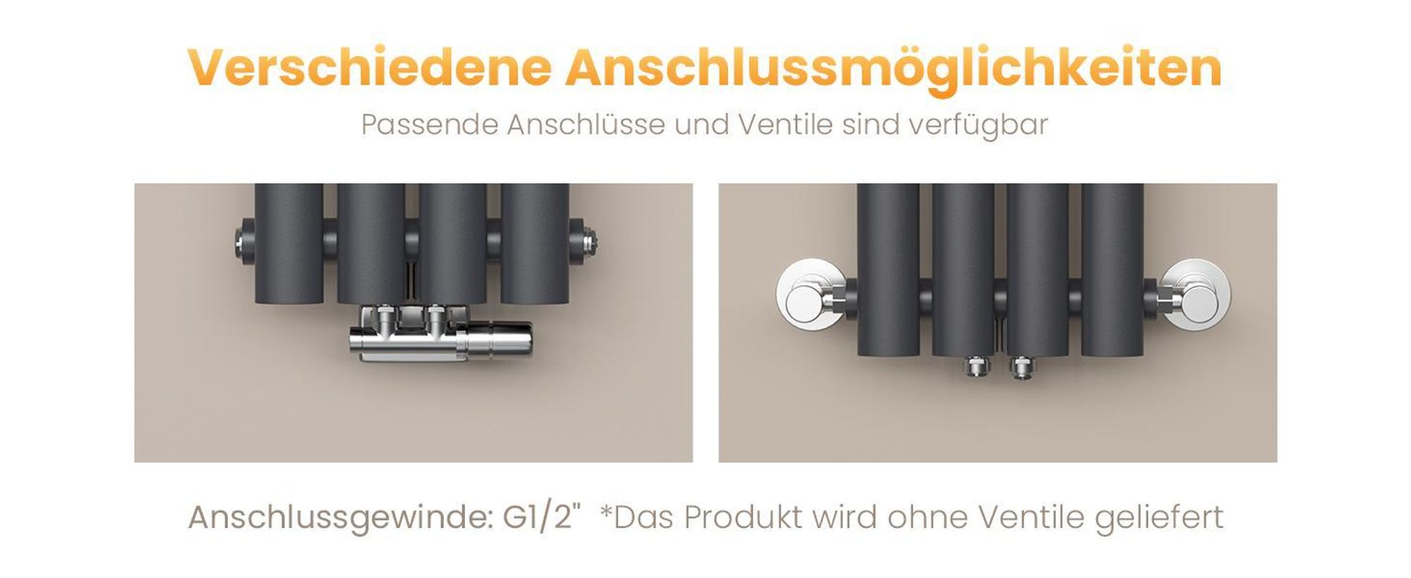 EMKE Design-Röhrenheizkörper für Warmwasserbetrieb Mittelanschluss Vertikal Oval Einlagig 177 Watt 24cm x 60cm Anthrazit ohne Heizstab