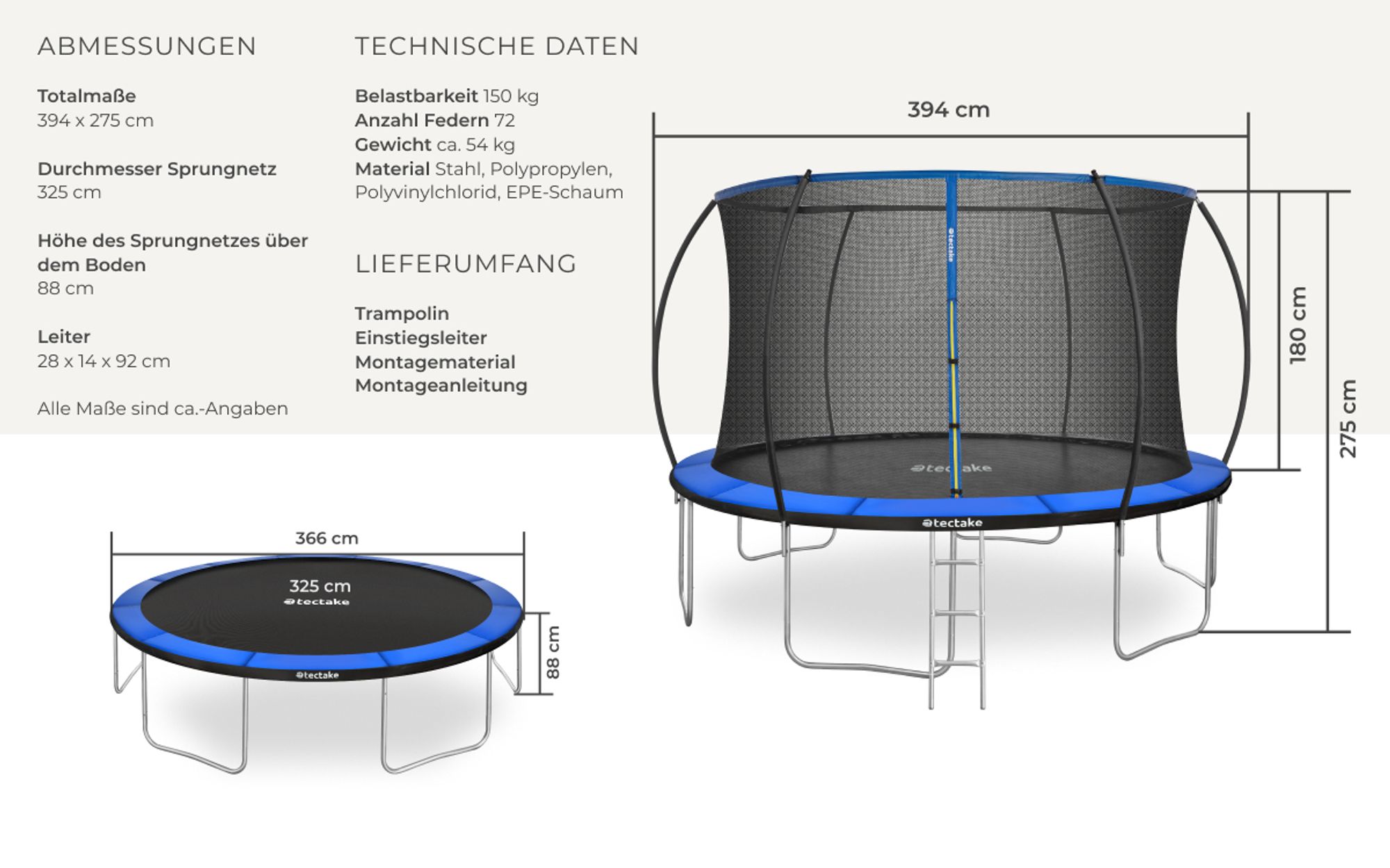 tectake® Trampolin Jumpy Ø 366 cm, GS- mit Sicherheitsnetz
