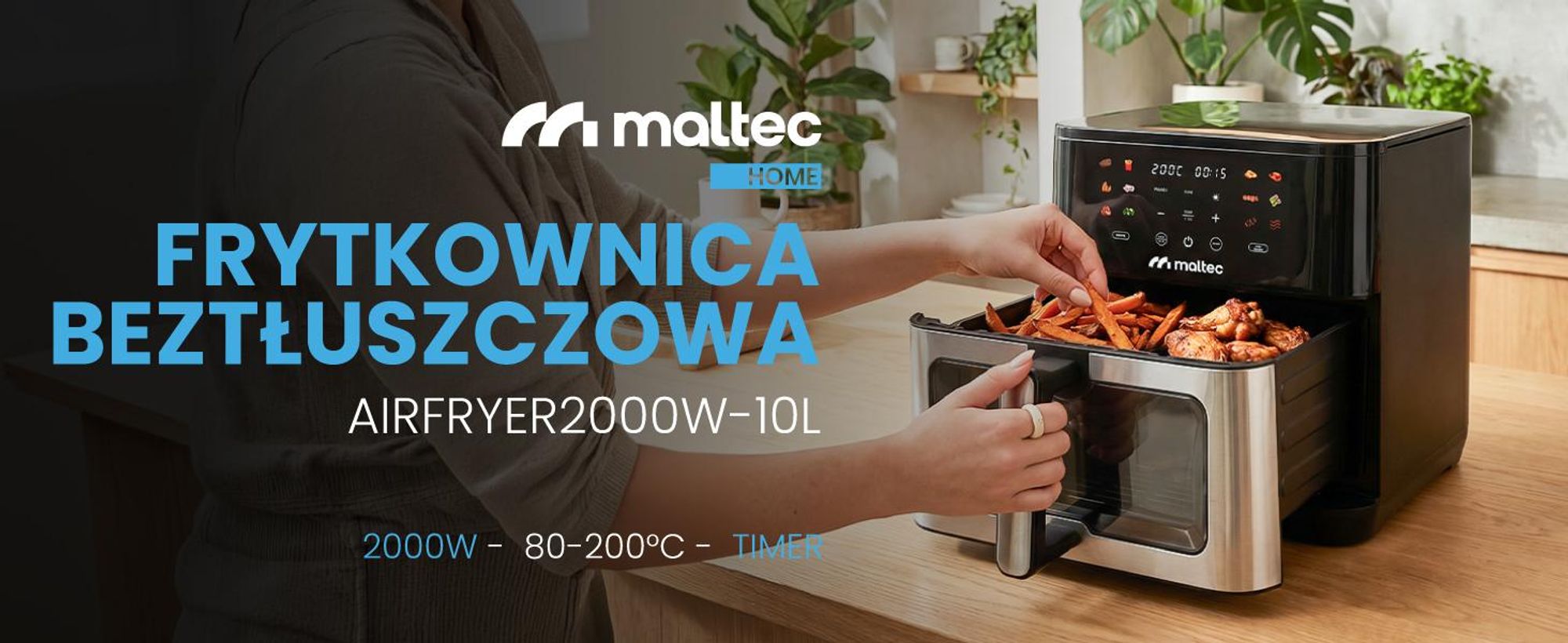 Frytkownica o pojemności 10 litrów, z okienkiem i 12 programami, w kolorze czarnym
