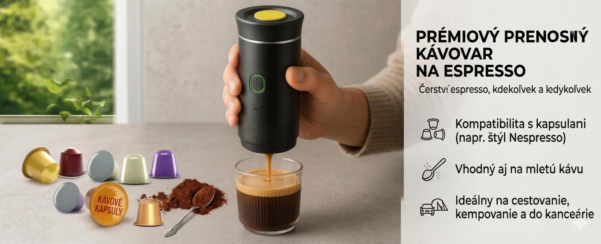 Prenosný espresso kávovar 3 v 1 s tlakom 20 barov, mini kávovar s nabíjaním cez USB-C - ESPRESSNA