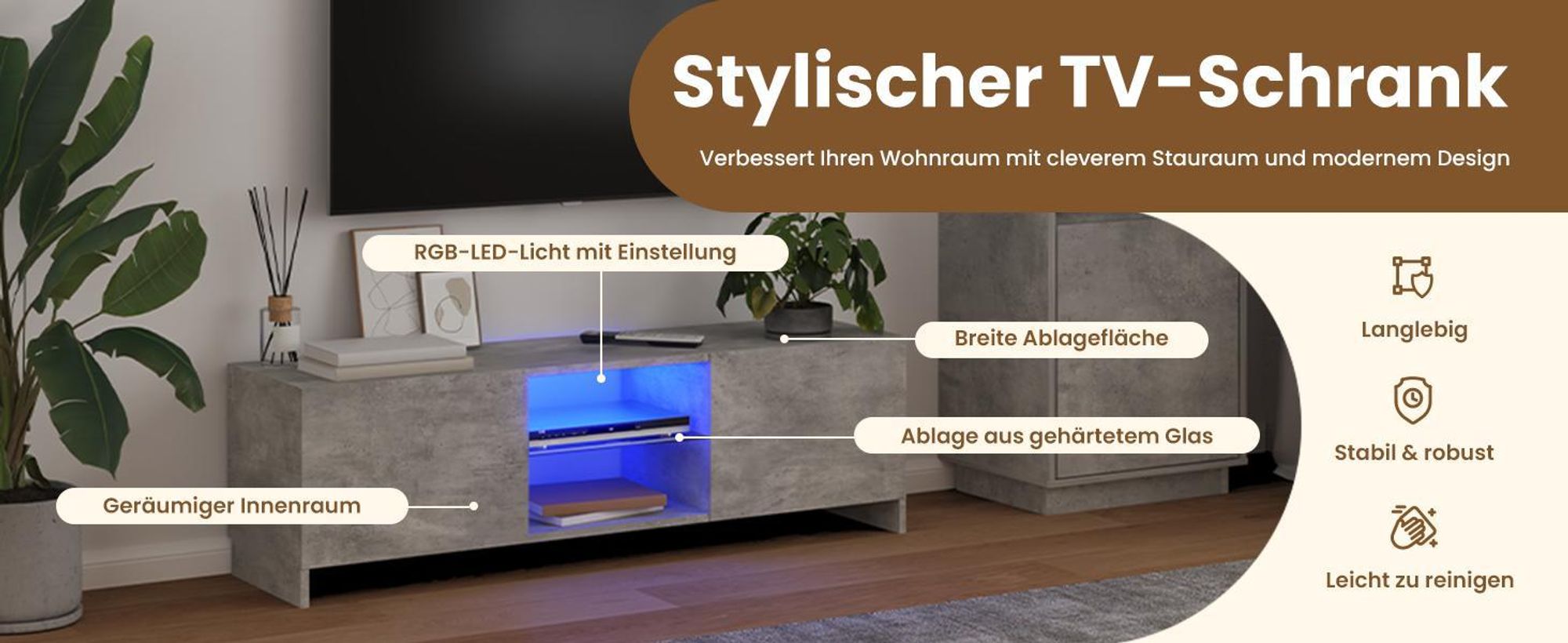 vidaXL TV-Schrank mit LED-Leuchten Betongrau 120x30x36 cm