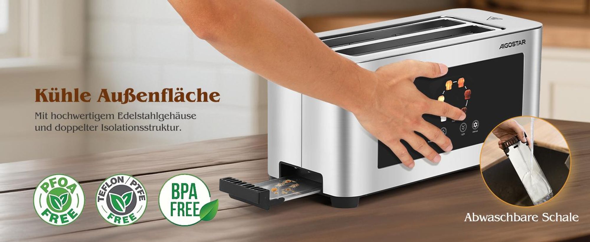 Aigostar Toaster 2/4 Scheiben, 6 Bräunungsstufen, LED-Touchscreen, Toaster Langschlitz , 2 lange Schlitze, 1400 W Brotzentrierung, Edelstahl