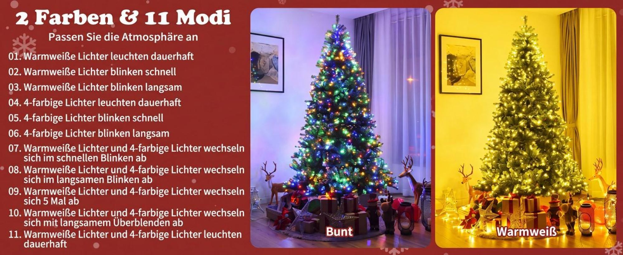 COSTWAY 210cm LED Künstlicher Weihnachtsbaum, Tannenbaum mit 1570 PVC Spitzen, 500 LEDs, 11 Lichtmodi, 5 Farbwechsel & Metallständer, Christbaum Grün