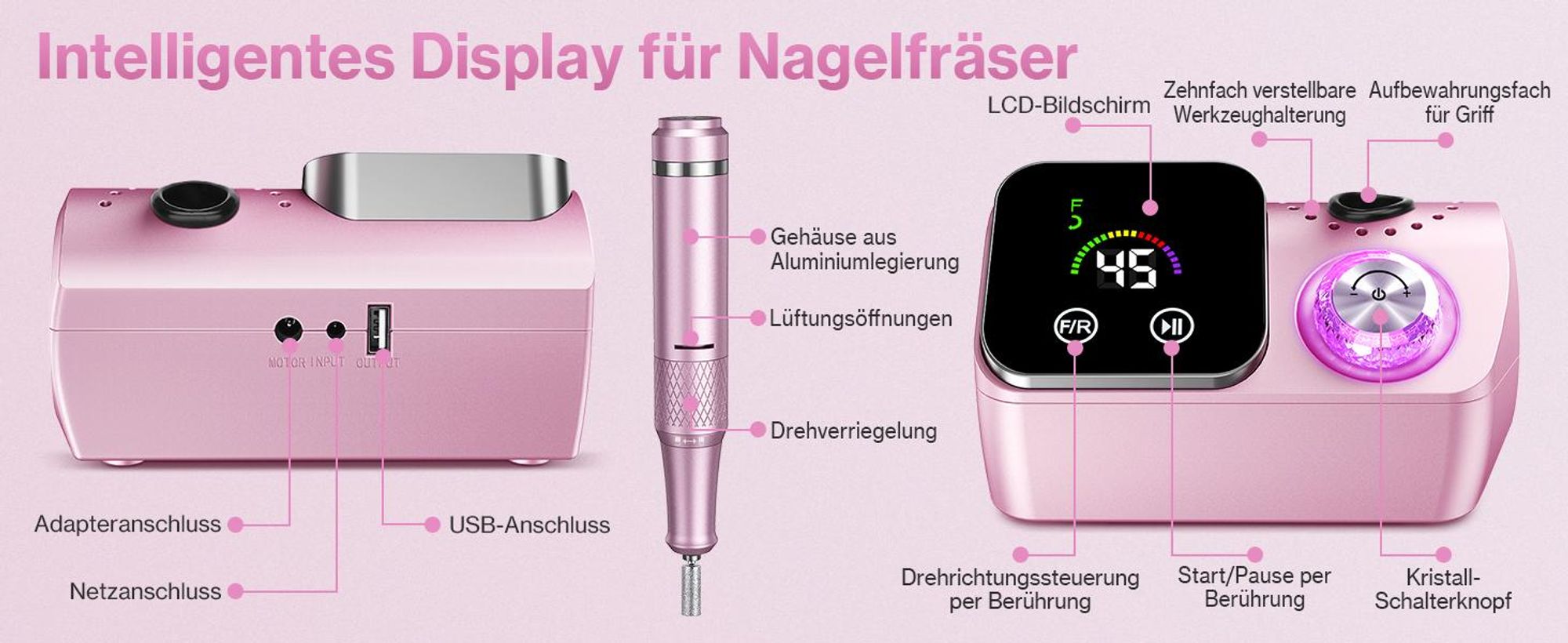 Nagelfräser, Elektrischer Nagelfeile, Nagelbohrer Set, 45000 U/min, Maniküre Pediküre Set mit LCD-Anzeige, für Gelnägel Nagellack Acrylnägel
