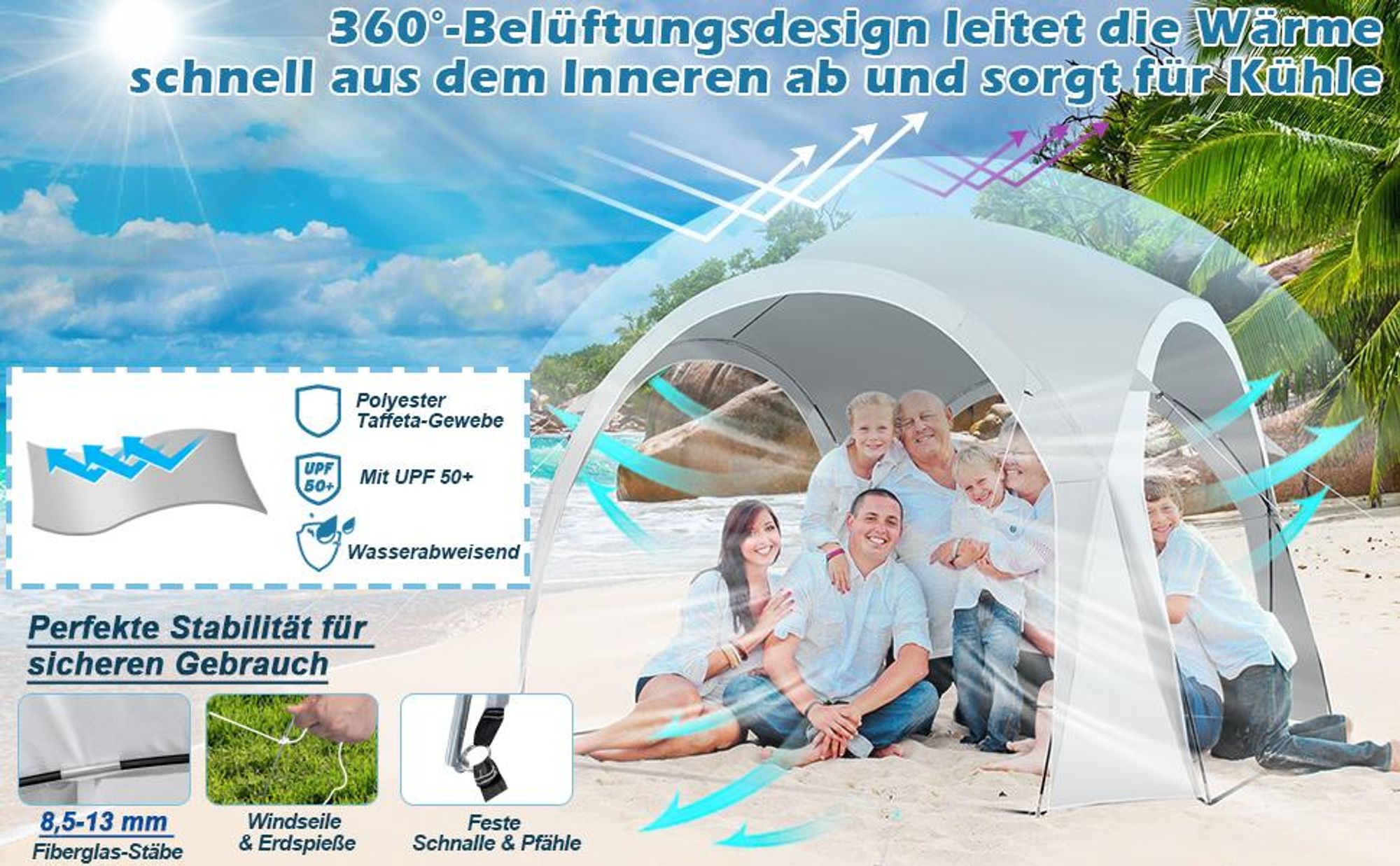 COSTWAY Partyzelt Pavillon weiß, Gartenzelt Gartenpavillon Strandzelt UPF50+ Sonnenschutz, Terrassenzelt für 6-8 Personen Camping Strand 327x327x270cm