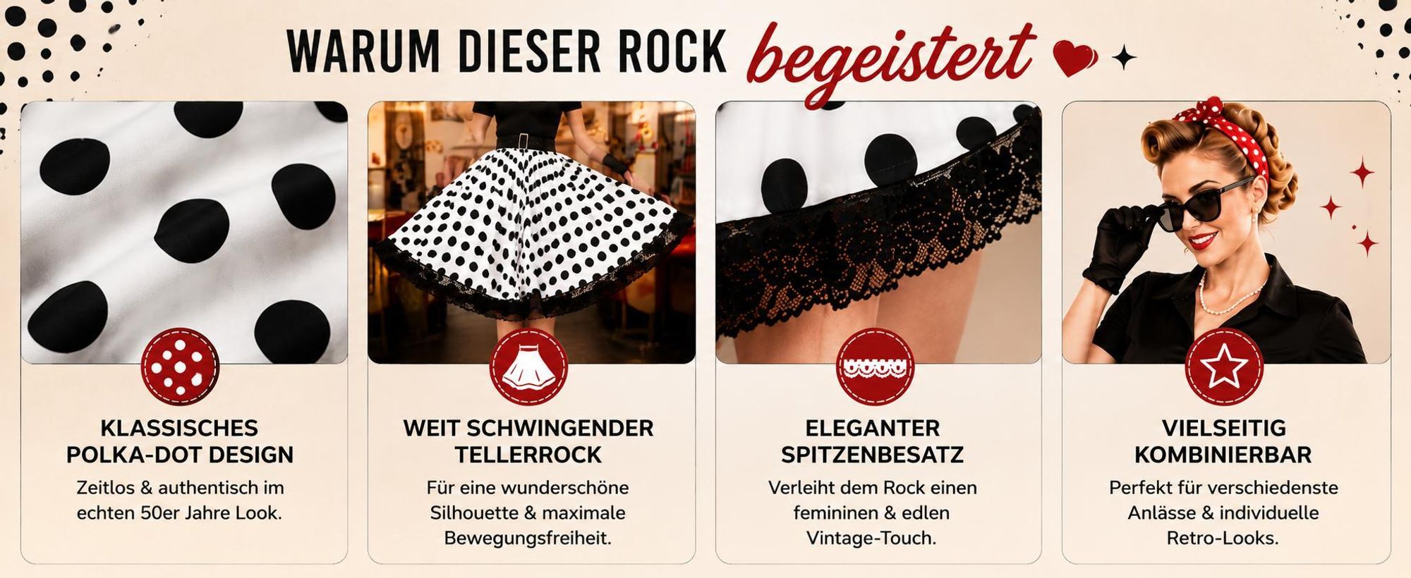 Rockabilly Rock 50er Jahre Schwarz Weiß Vintage Tellerrock im Rock'n'Roll Stil mit klassischem Polka-Dot-Muster (34)