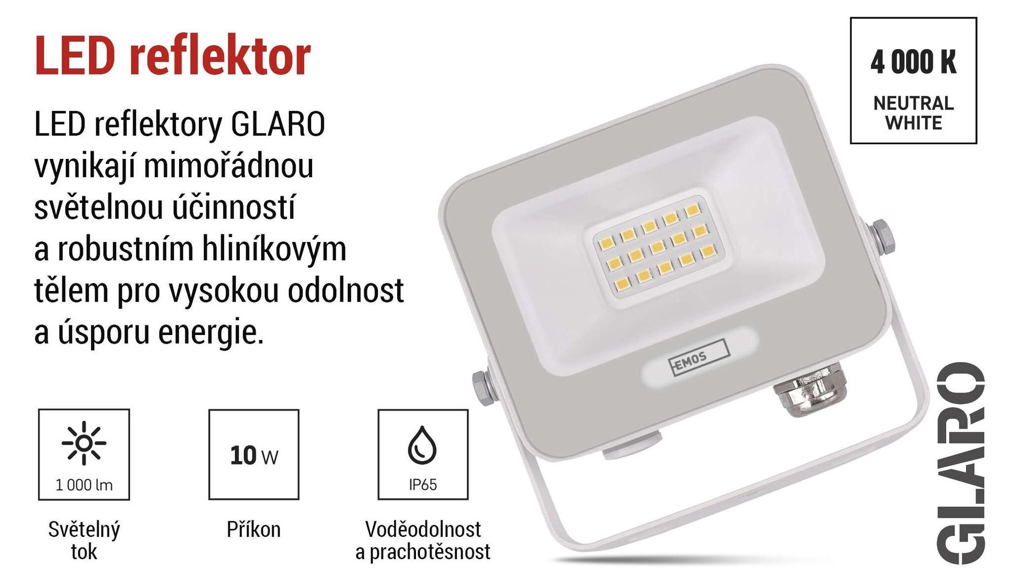 EMOS LED hliníkový reflektor GLARO 10W, IP65 vodotěsný pro venkovní prostory, 1000lm, neutrální bílá 4000K, 20cm gumový kabel, bílý, ZS2214W