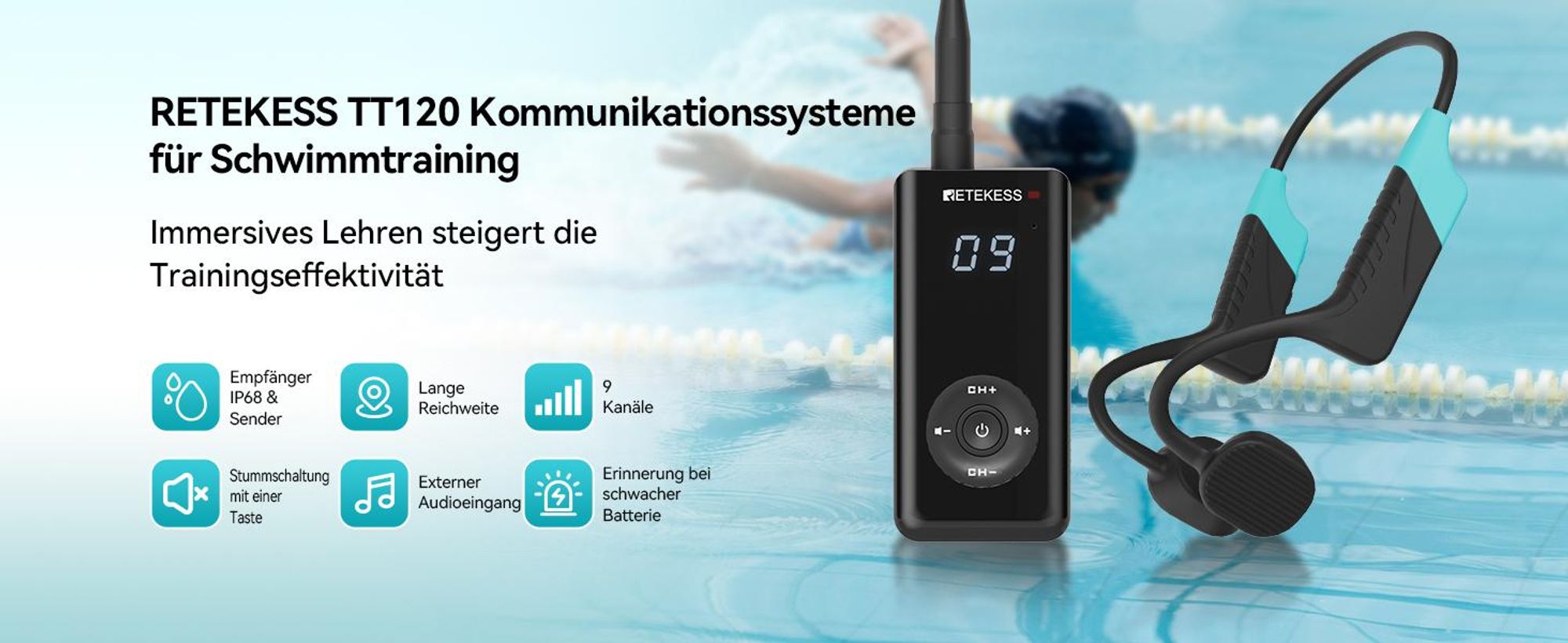 Retekess TT120 Schwimmtrainings-kommunikationssystem, IP68 Wasserdichte, Knochenleitung, 120 m, mit USB-Ladegerät, Sportkopfhörer für Schwimmschule