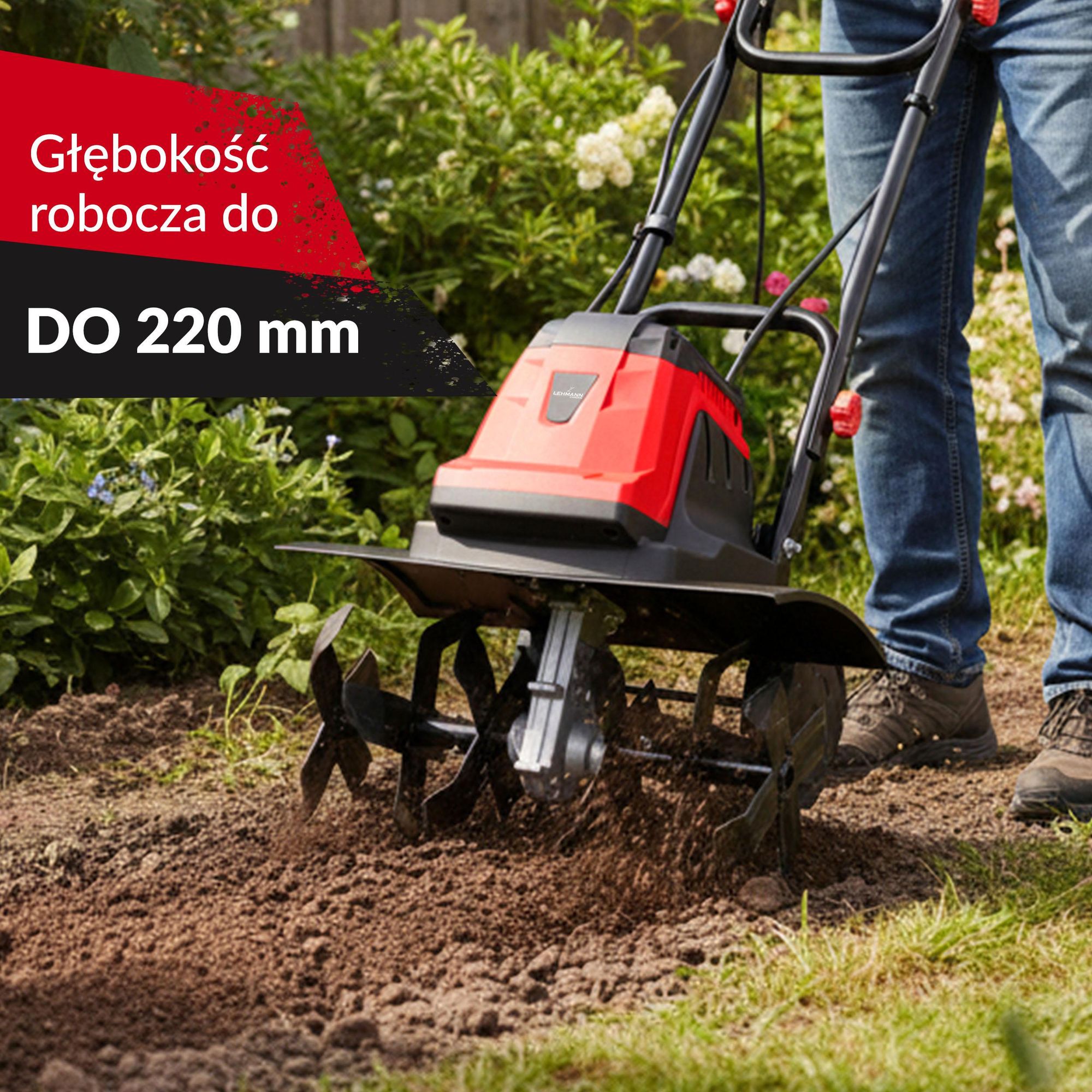 Glebogryzarka elektryczna LEHMANN GROUND, kultywator 1800W, szerokość robocza 45cm, miedziana przekładnia, regulowana głębokość, Ilość ostrzy: 24