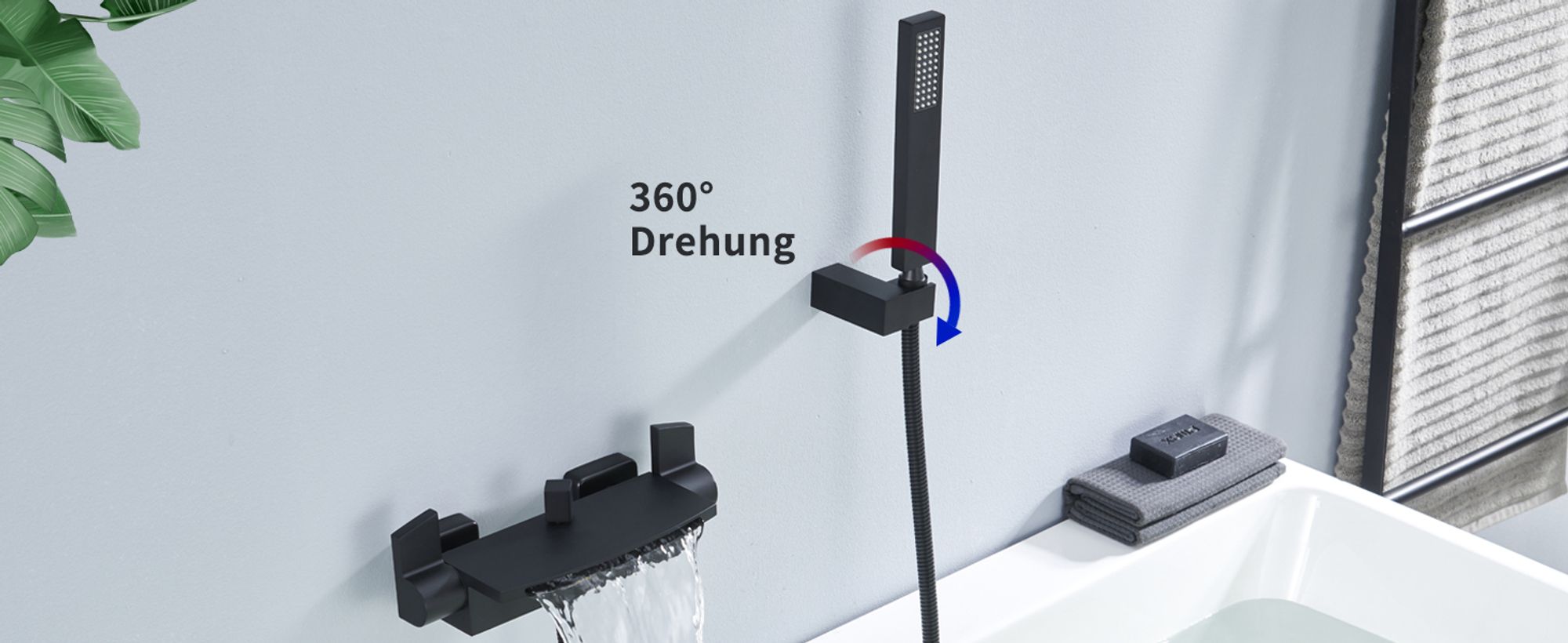 Homelody Wasserfall Badewannenarmatur mit Regal,Wannenarmatur mit Handbrause,Badewanne Armatur Duscharmatur für Bad, Schwarz matt,Komplett Duschset