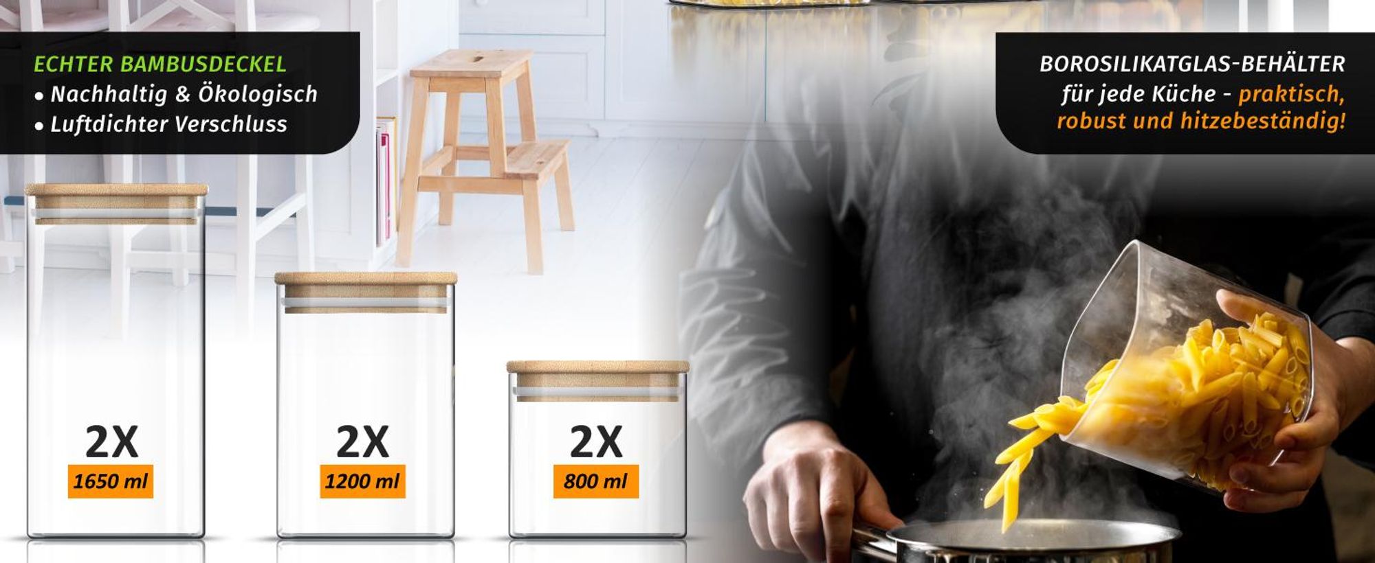 Arendo Vorratsgläser, Glasbehälter Set 1L, 1,5L, 2L Borosilikat quadratisch mit Bambusdeckel, 6er Set, luftdicht, hitze & kältebeständig, Mikrowellen & spülmaschinengeeignet