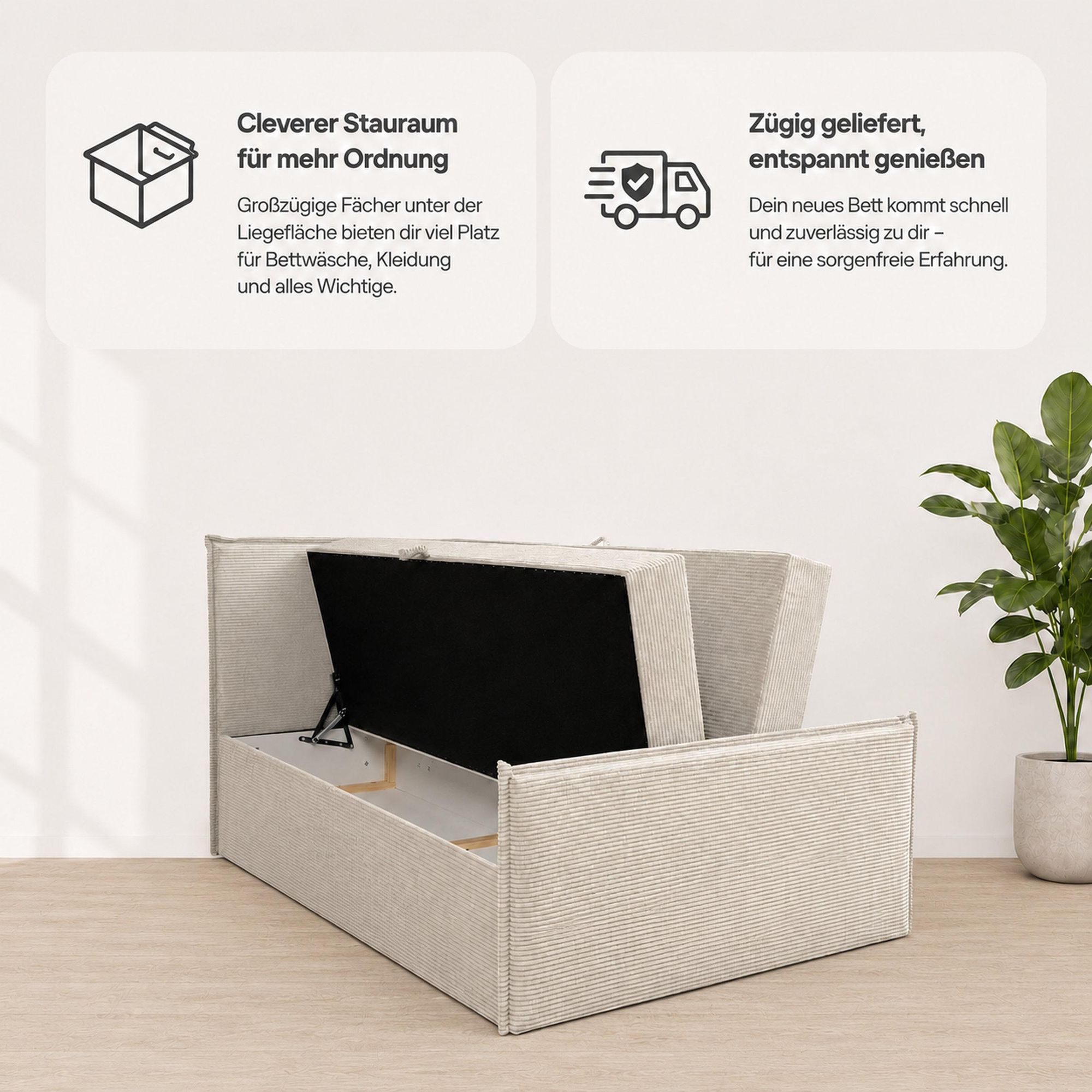 VENASI VANESSA Boxspringbett 140x200 mit 2 Bettkasten H2/H3 Matratze BEIGE CORD Lincoln 03