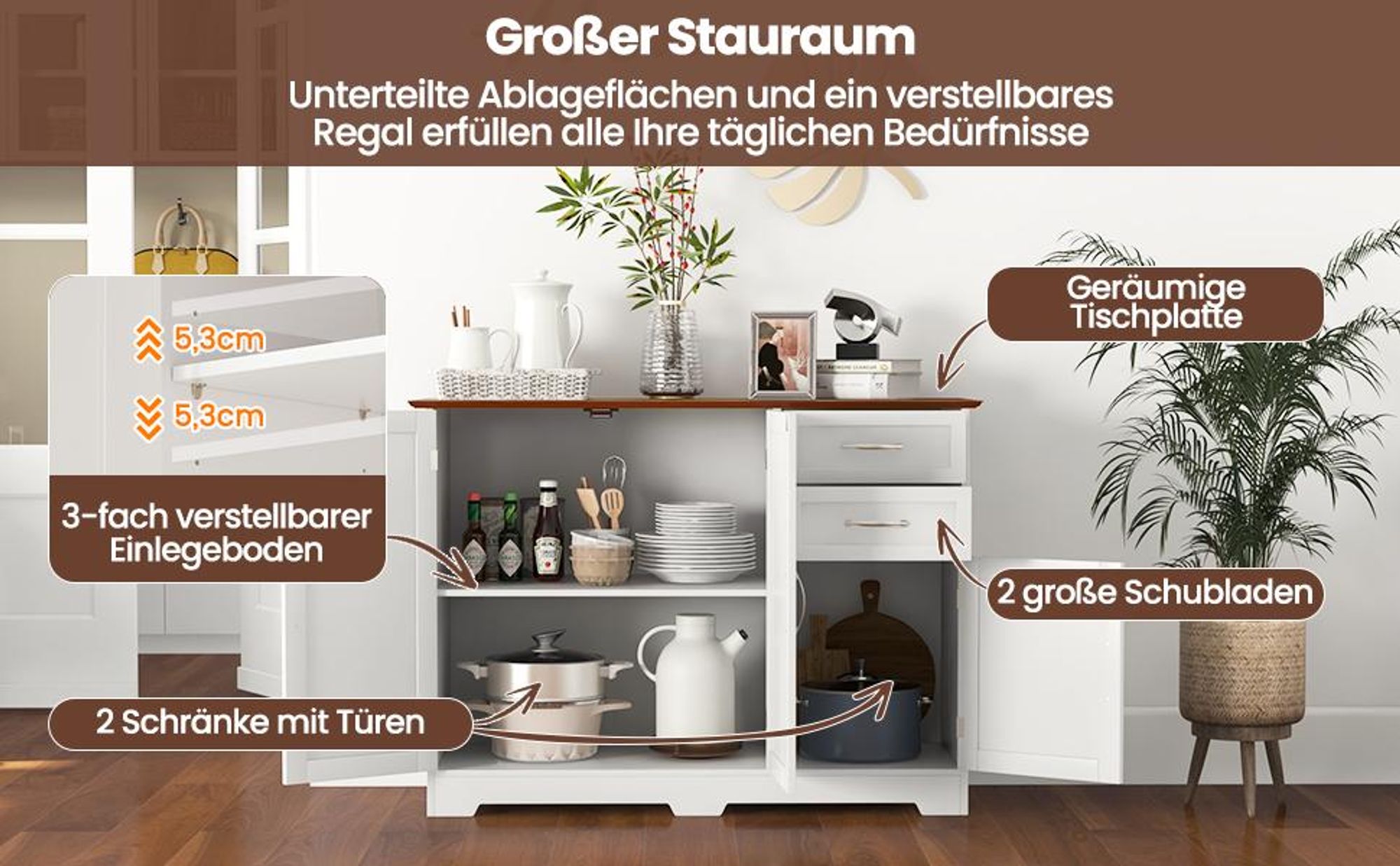 COSTWAY Sideboard Küchenschrank Weiß, Kücheninsel mit Arbeitsplatte 100×40cm Buffetschrank mit 3-Türen, 2 Schubladen & verstellbare Ablagen