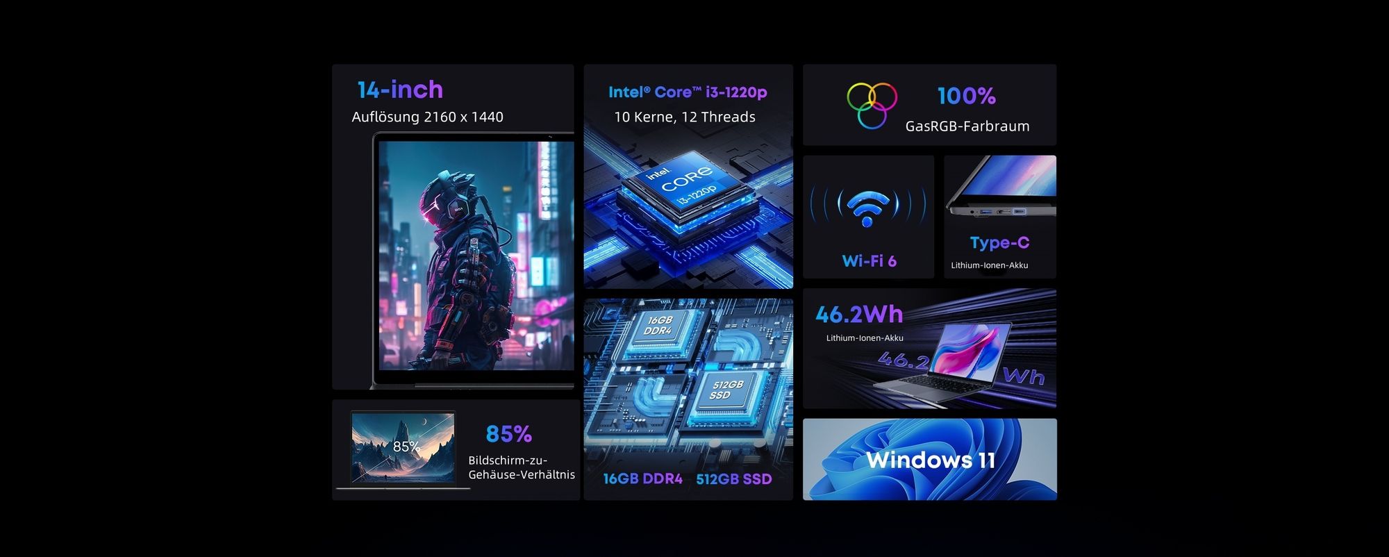 Laptop CHUWI CoreBook X - Prozessor Intel Core i3-1220P 14" Bildschirm Windows 11 16GB+512GB 4000mAh Akku - Grau