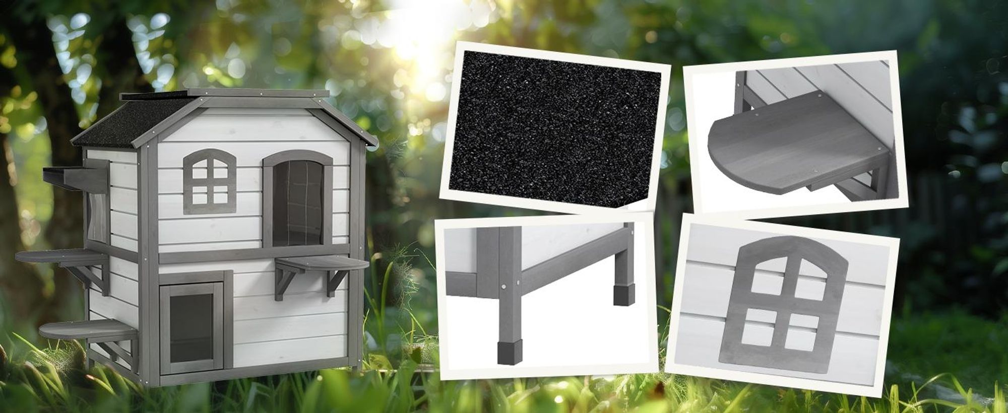 PawHut Katzenhaus aus Holz, Outdoor Katzenhütte mit Treppe, 2-Etagen, Kleintierhaus für Katzen bis 4,5 kg, Weiß, 99,5 x 76 x 91 cm