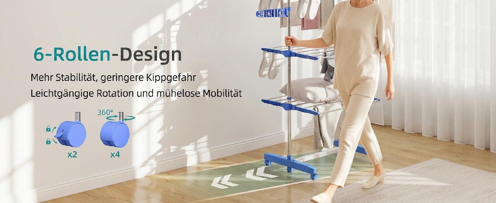 Mobiler Wäscheständer Wäschetrockner-Turm Seitenflügel auf 3/4 Ebenen Blau