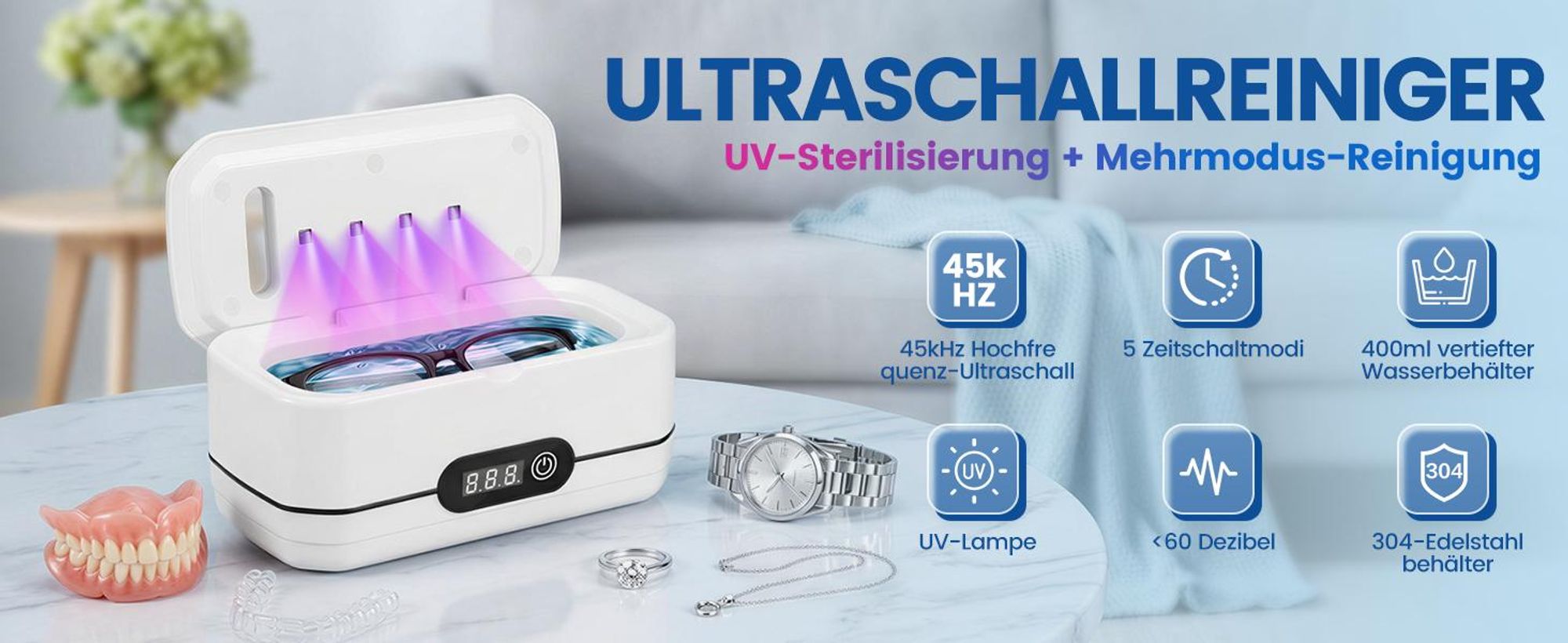 Ultraschallreiniger, Ultraschallreinigungsgerät, 45000Hz Ultrasonic Cleaner, 400ML Ultraschallgerät mit 4 UV-Licht & 5 Modes