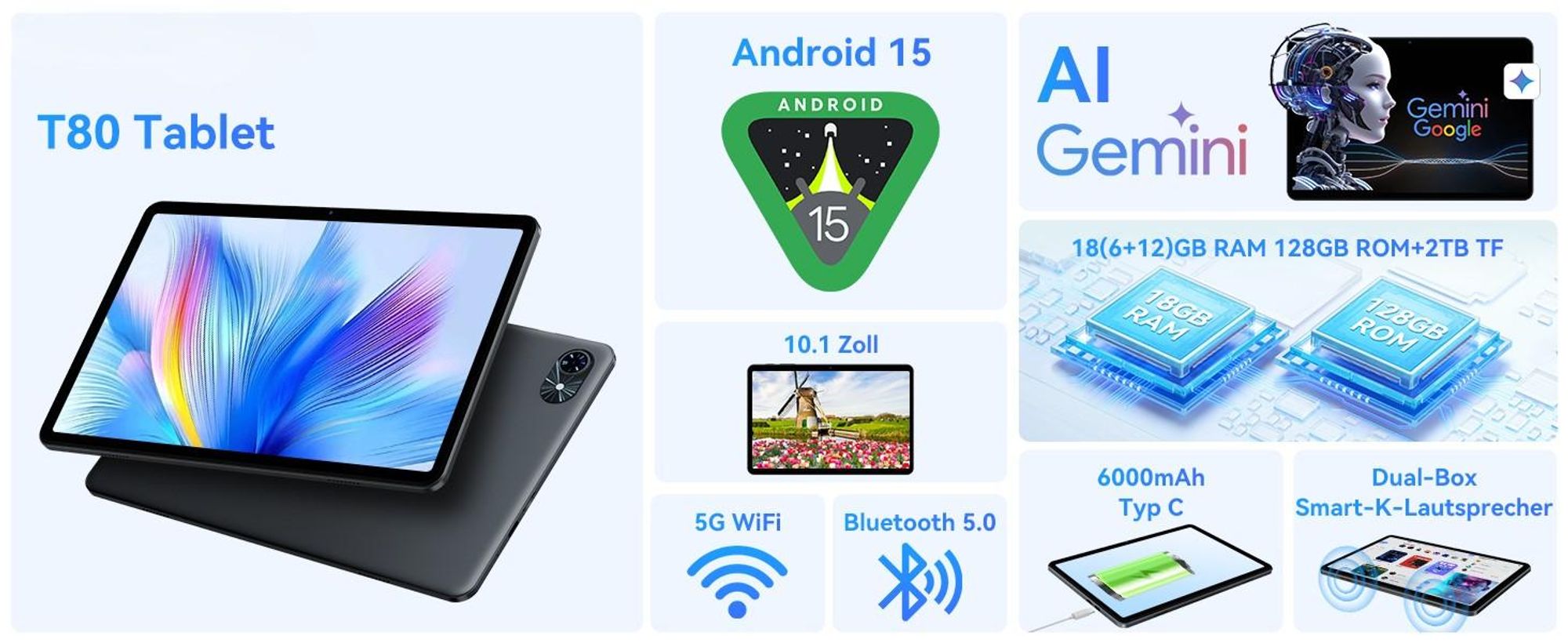 KOBONA-Zenva T80 Android 16 Tablet 10 Zoll, 6GB RAM + 128GB ROM, 5G WiFi, Gemini Al,6000mAh. Perfekt für Gaming mit Dual-Kamera, BT5.0, O1TG&Type-C.