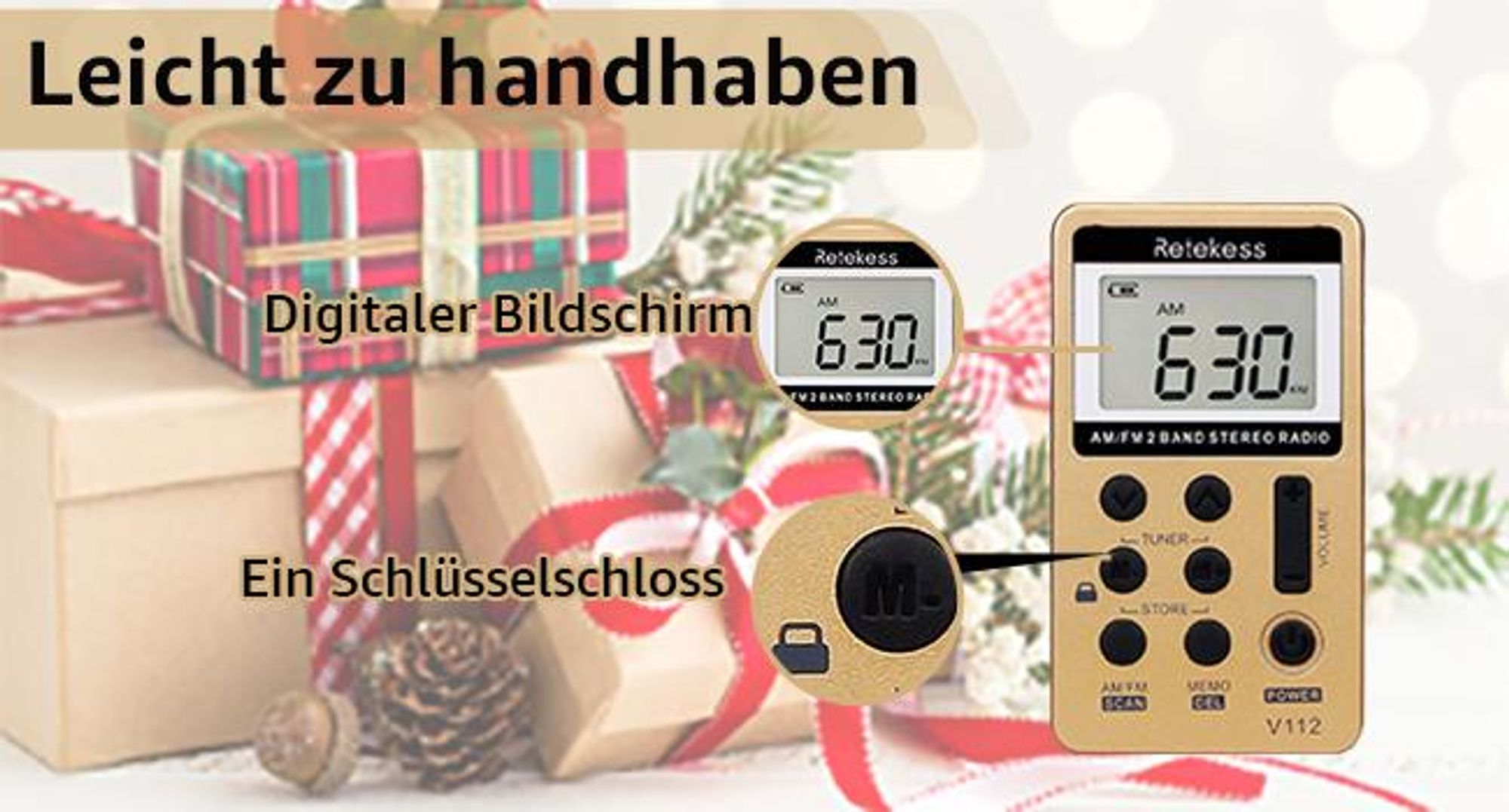 Retekess V112 Tragbares Radio, AM FM mini Radio, Speicherstationen, Wiederaufladbarer Akku, Taschenradio mit Kopfhörern(Golden)