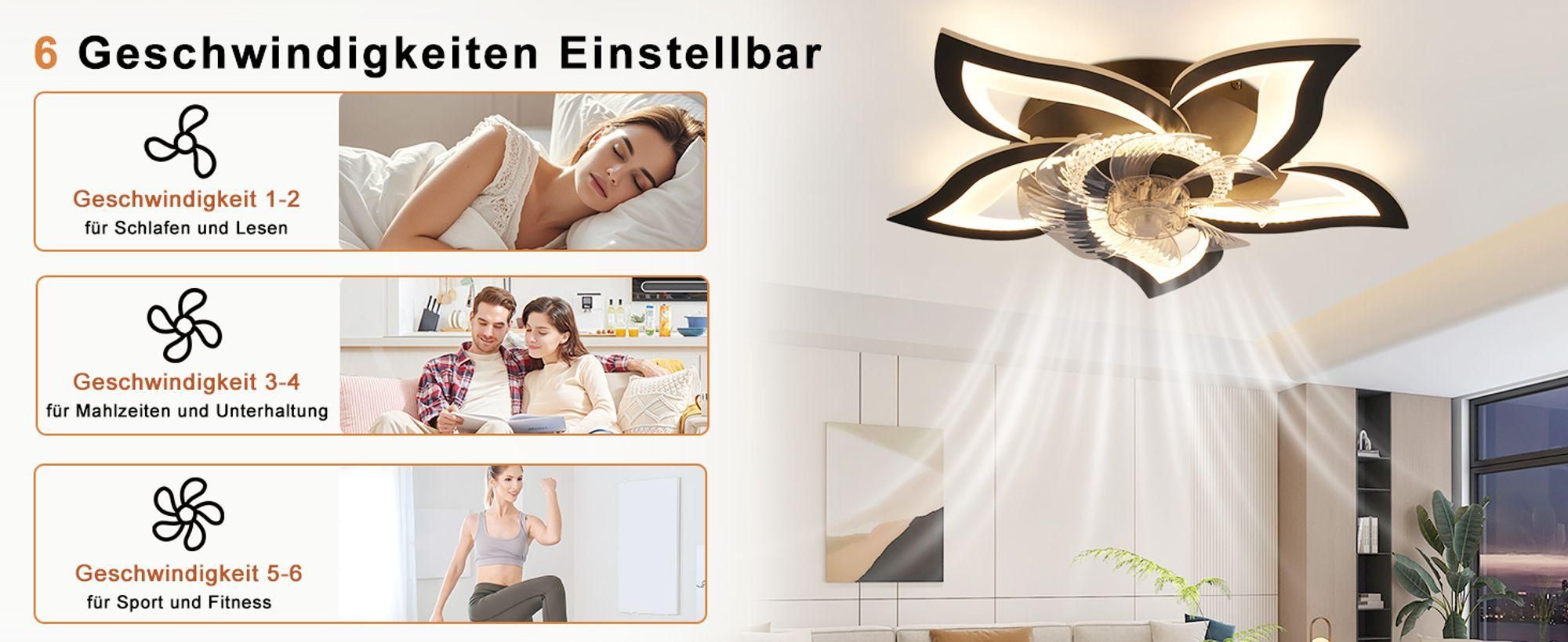 ZMH LED stropný ventilátor, stropné svietidlo s ventilátorom, tichý, s diaľkovým ovládaním, stmievateľný, 3 farebné teploty, 6 rýchlostí, časovač, stropné svietidlo 48 W, čierne, do obývacej izby