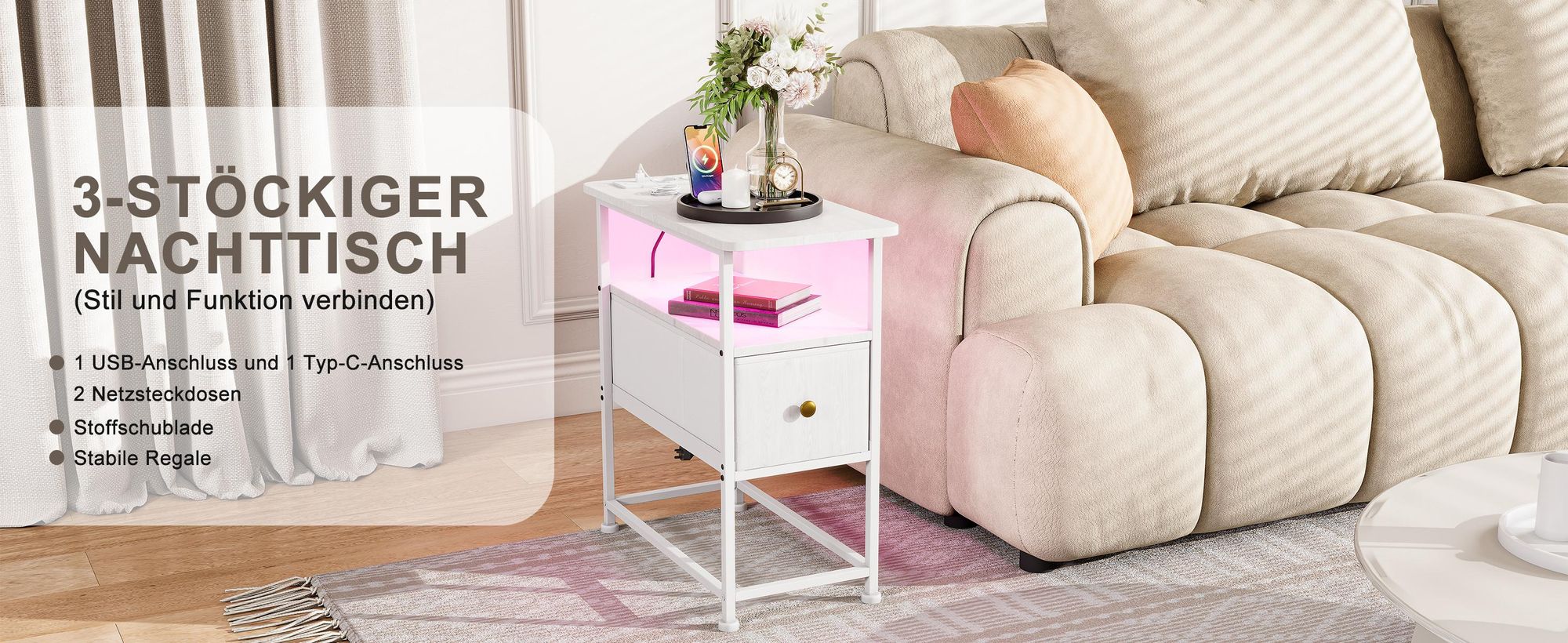Fortuna Lai Nachttisch mit LED, Beistelltisch mit Steckdose & Stoffschublade, 3-stufiger Sofatisch mit offenem Regal, perfekt für Schlafzimmer Wohnzimmer kleine Räume, Weiß, 60 x 30 x 62 cm