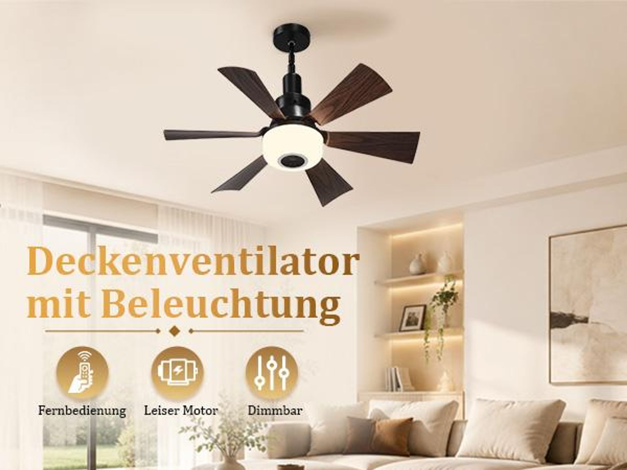 E27 Leise Ventilator φ52cm Deckenventilator mit Licht & Fernbedienung 40W RGB Bluetooth Lautsprecher 3 Windstufen, Lampe mit Ventilator Schlafzimmer