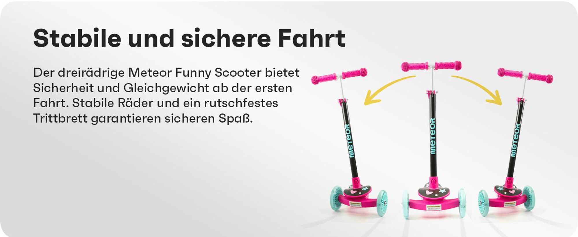 Dreirad-Kinderroller Meteor Funny – Bunte Leucht-LED-Räder, verstellbare Höhe, bis 50 kg, Rosa