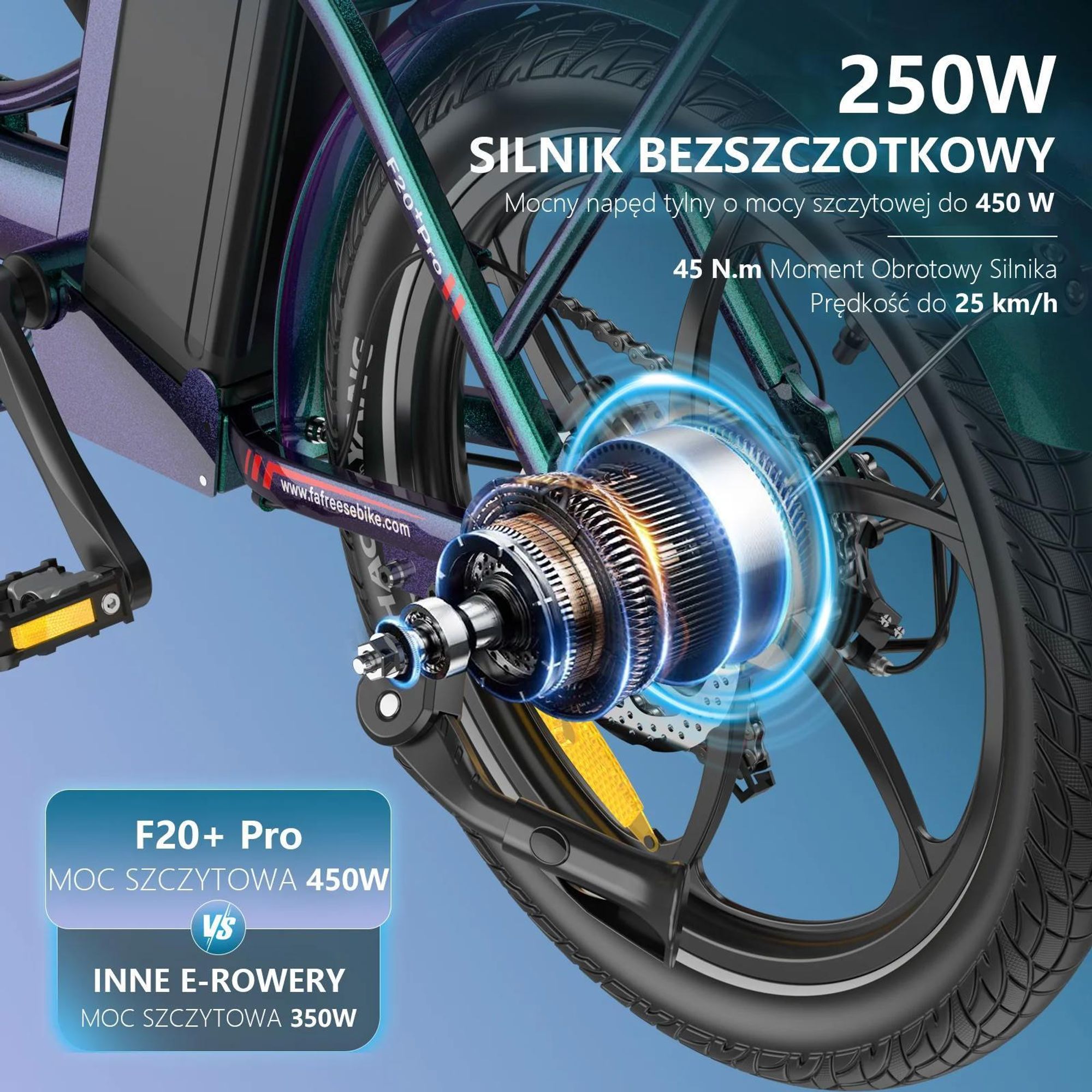 Rower Elektryczny FAFREES F20+ Pro - Silnik 250W Akumulator 36V25Ah Opony 20" Mechaniczny Hamulec Tarczowy - Błękit Aurory