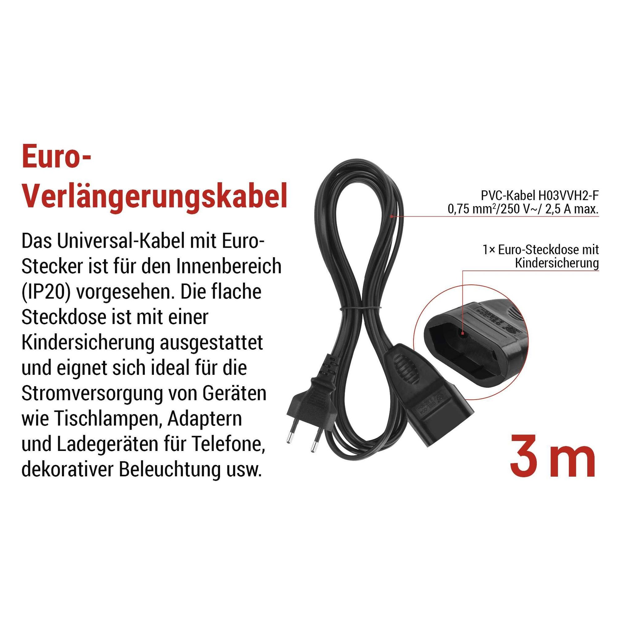 EMOS Verlängerungskabel 3m, mit Euro-Stecker & Buchse, 250 V, 2,5 A, 575 W, PVC, 0,75 mm2, erhöhter Berührungsschutz, für Innen, schwarz, PC01303