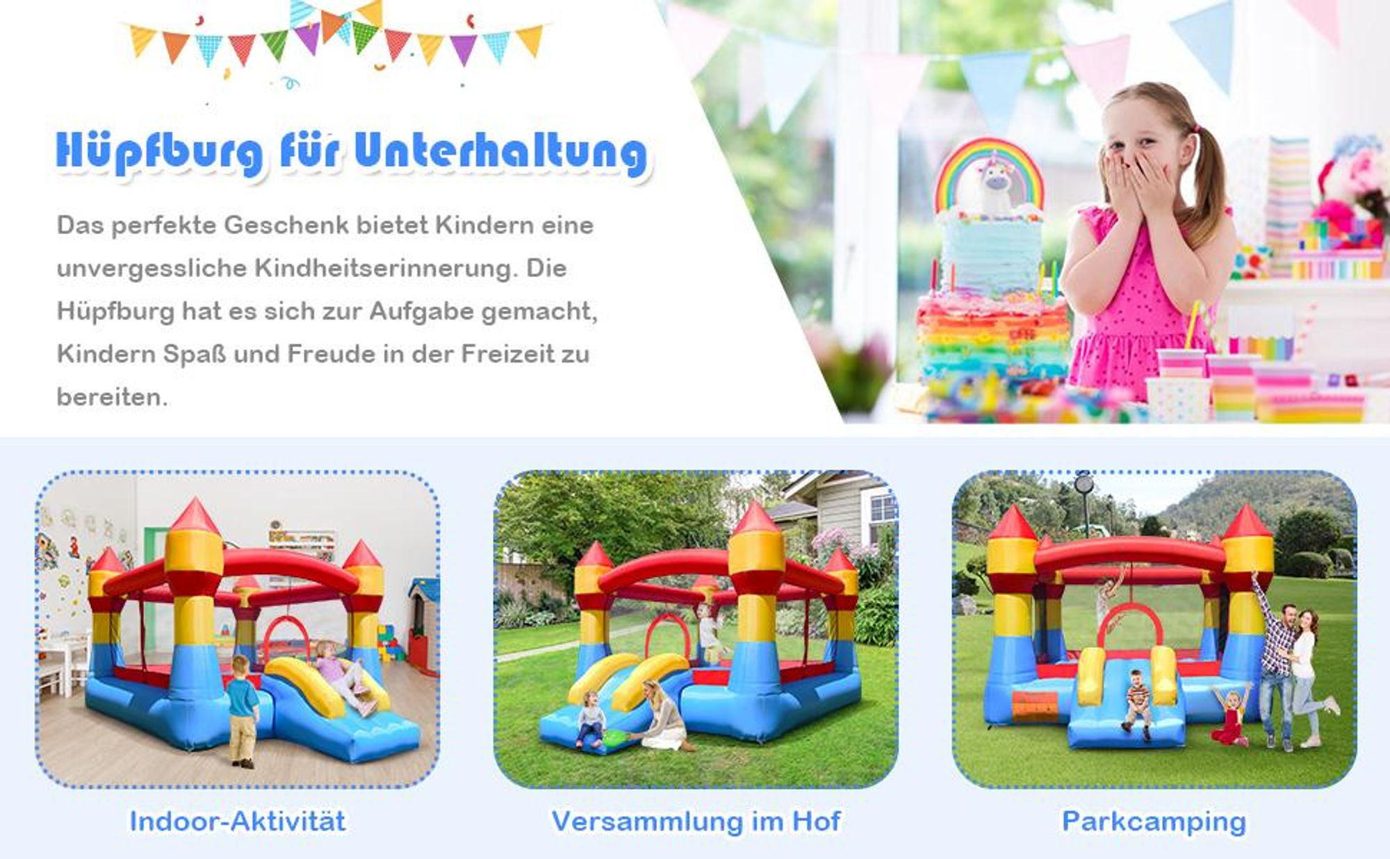 COSTWAY Hüpfburg mit Rutsche & großem Sprungbereich, Kinder Springburg für Indoor & Outdoor, inkl. Tragetasche, Reparaturset, 380 x 280 x 221 cm