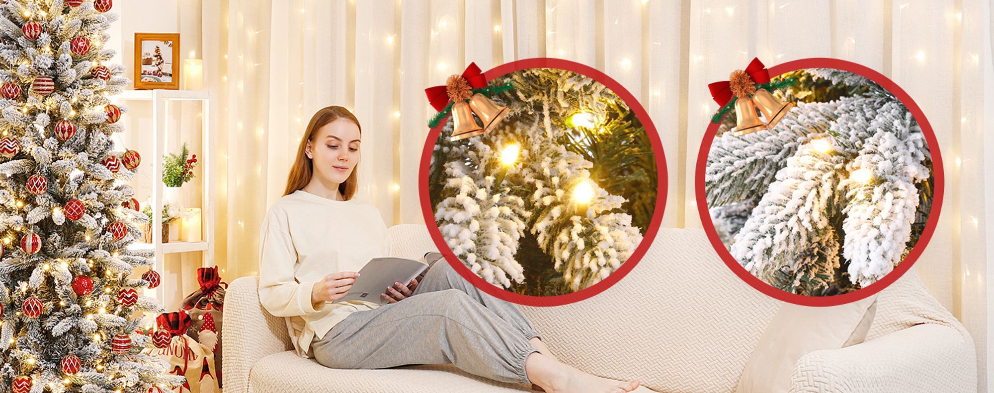 Yorbay 210cm Künstlicher Weihnachtsbaum Slim mit Beleuchtung LED Tannenbaum für Weihnachten-Dekoration, Schneebeflockt, Schmal, Weiß