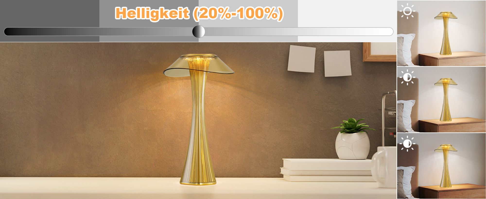 ZMH LED Tischlampe Touch Dimmbar 3000-6500K Gold Nachttischlampe mit Akku Innen und Aussen Beleuchtung Tagbare Tischleuchte Aufladen Leseleuchte mit USB für Schlafzimmer Wohnzimmer Restaurant Hotel