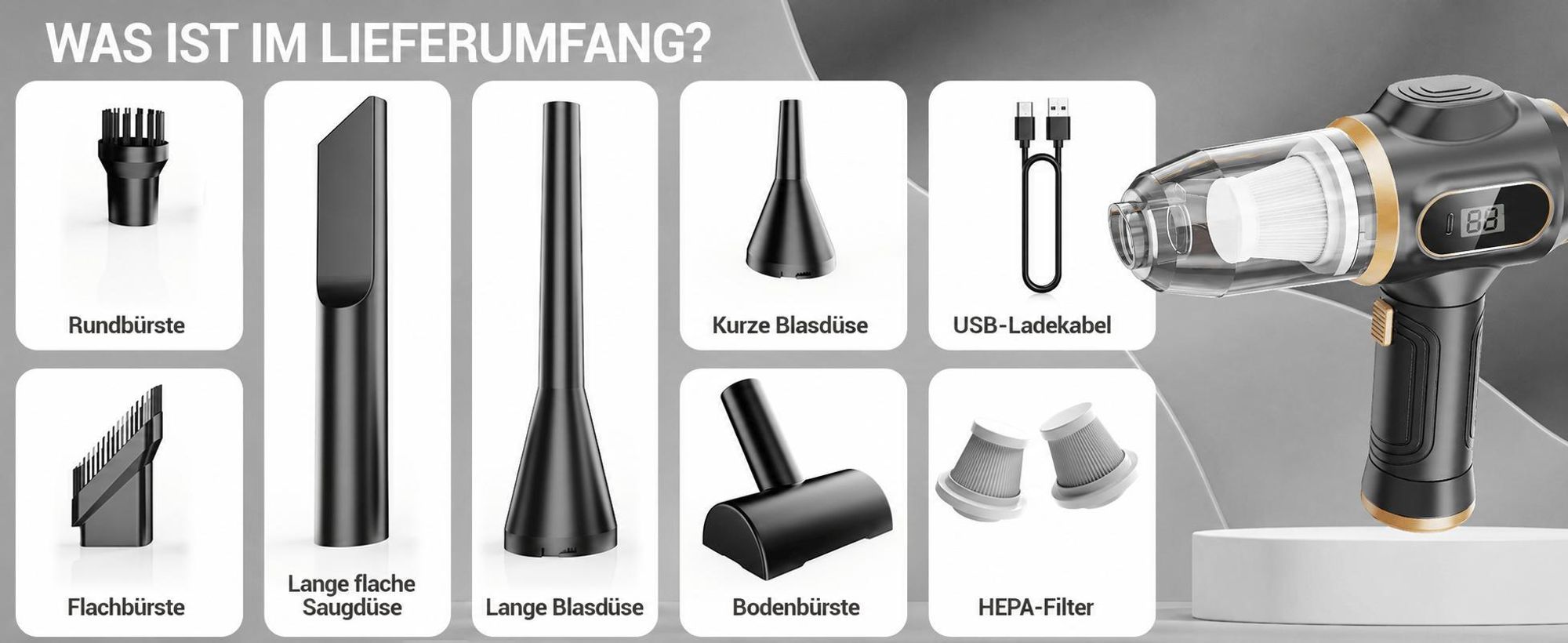 17000Pa 120W Autostaubsauge, Handstaubsauger Akku Kabelloser, Bürstenloser Motor, HEPA Filter, USB-C, Saugen & Blasen