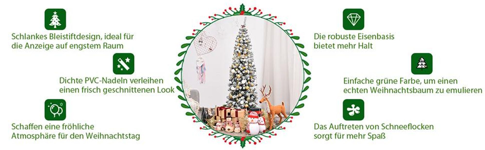 COSTWAY Bleistift Weihnachtsbaum 225cm, künstlicher Tannenbaum 641 PVC Nadeln mit Schnee, Christbaum mit Metallständer, Kunstbaum Weihnachten