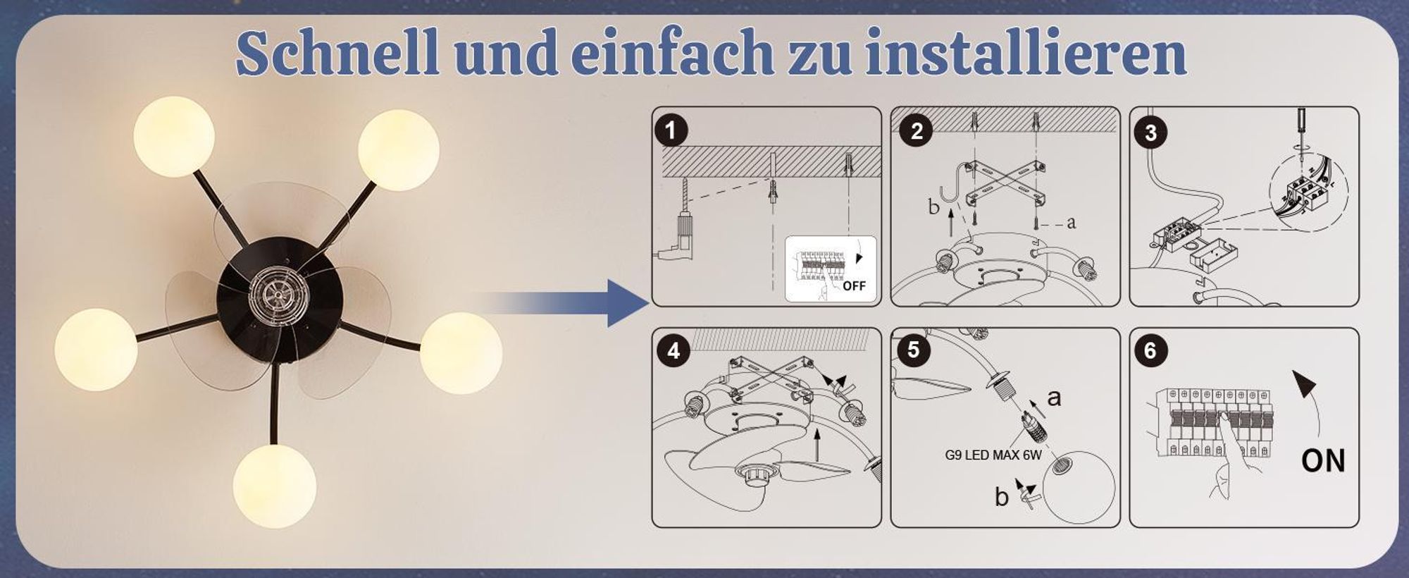 ZMH Deckenventilator Beleuchtung G9 Leise Deckenleuchte Ventilator Fernbedienung 6 Geschwindigkeiten Timer Lampe für Küche Esszimmer Schwarz
