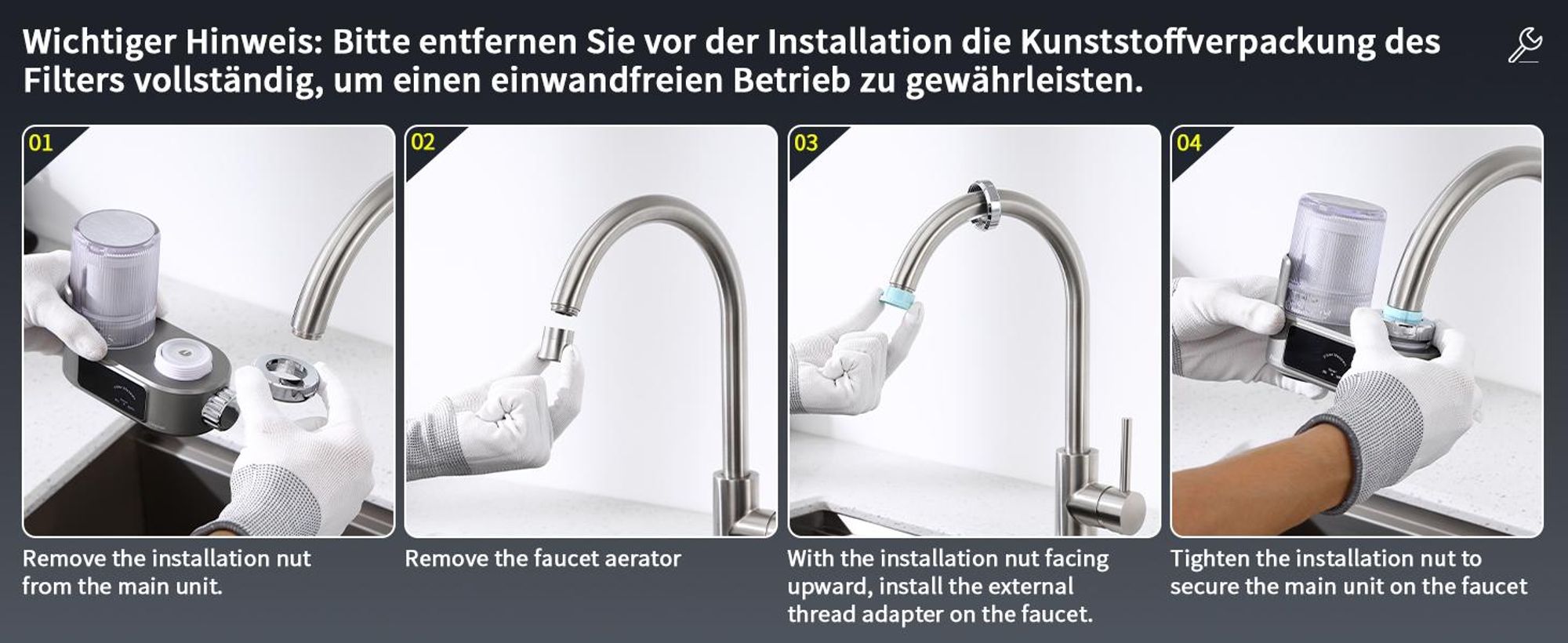 Homelody Wasserfilter für Wasserhahn mit Sterilisation, Wasserfilter für Zuhause Küche, entfernt Chlor, Schwermetalle,für Wasserhähne, Grau