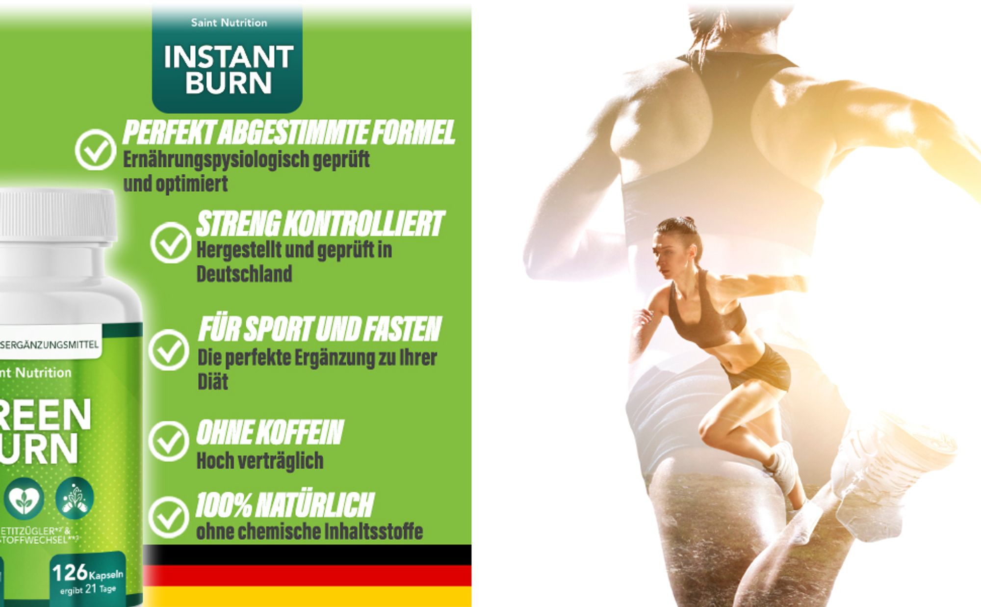 Saint Nutrition® Green Burn – Appetitzügler – hochdosiert - Glucomannan, Cholin, Vitamin B1 + B6 – Unterstützung für Abnеhmen - schnell abnеhmen