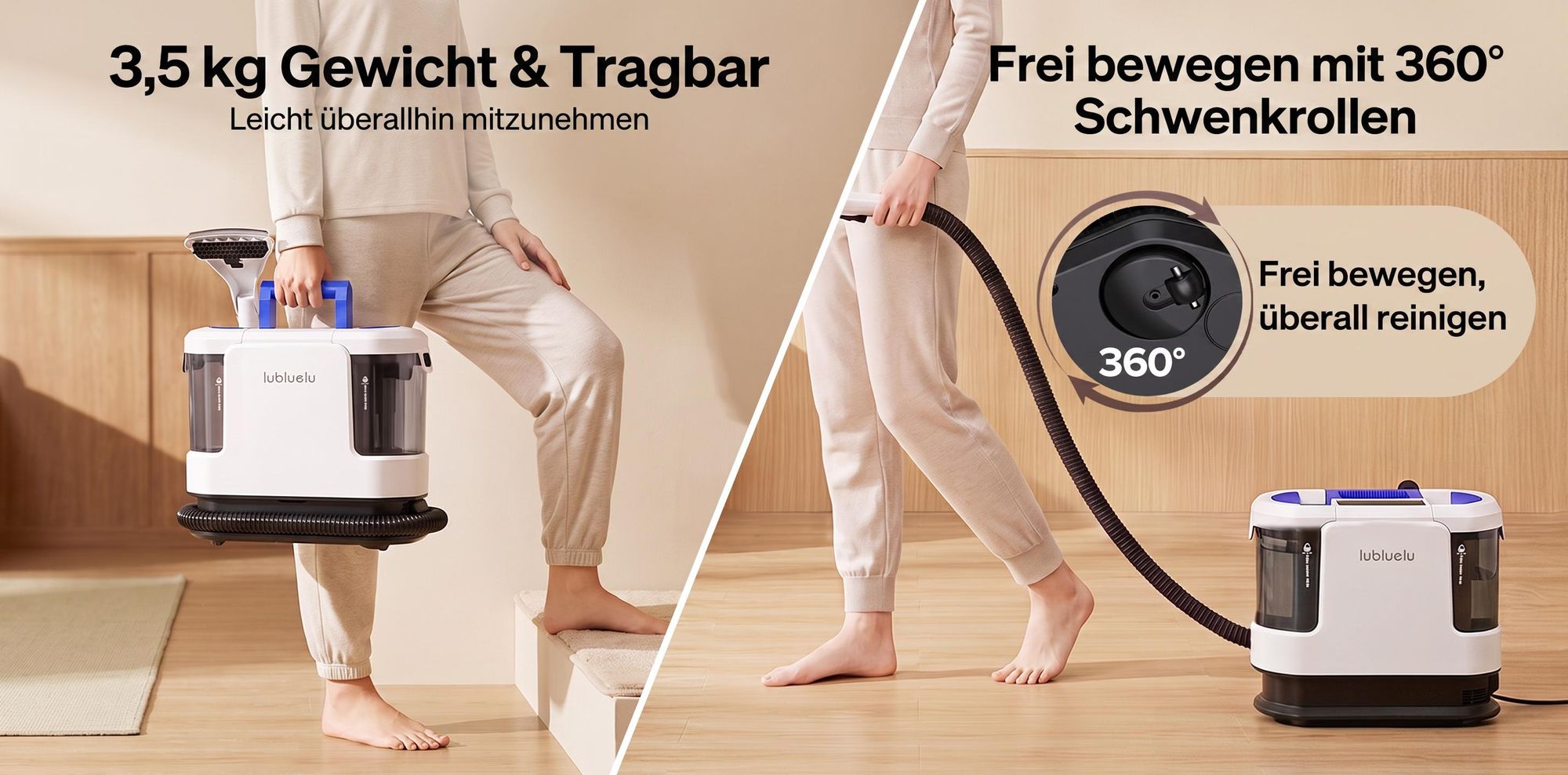 Lubluelu V11 Polsterreiniger Waschsauger Teppichreiniger 30KPa Dampffunktion 4 Modi 1900W mit 1,9L+1,1L Doppeltank für Sofa Auto Matratze Touchdisplay